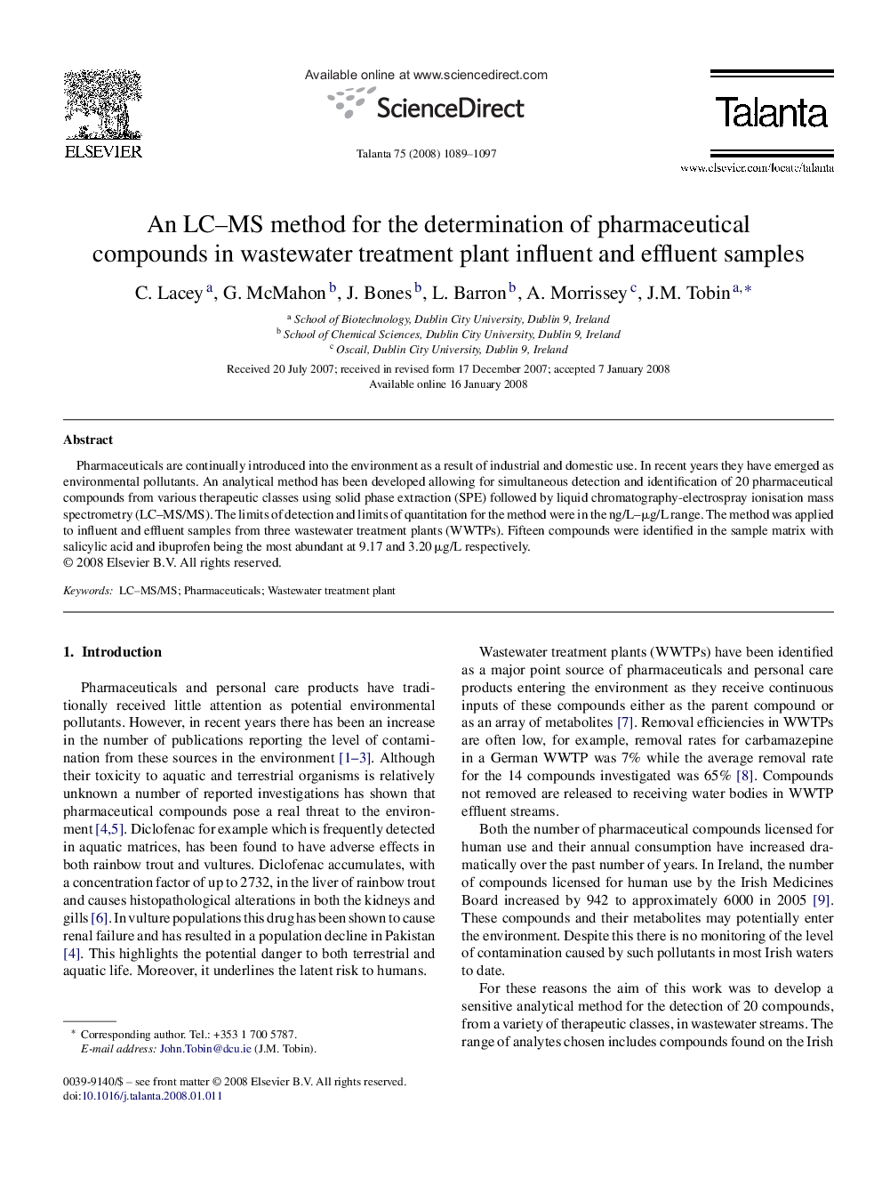 An LC–MS method for the determination of pharmaceutical compounds in wastewater treatment plant influent and effluent samples