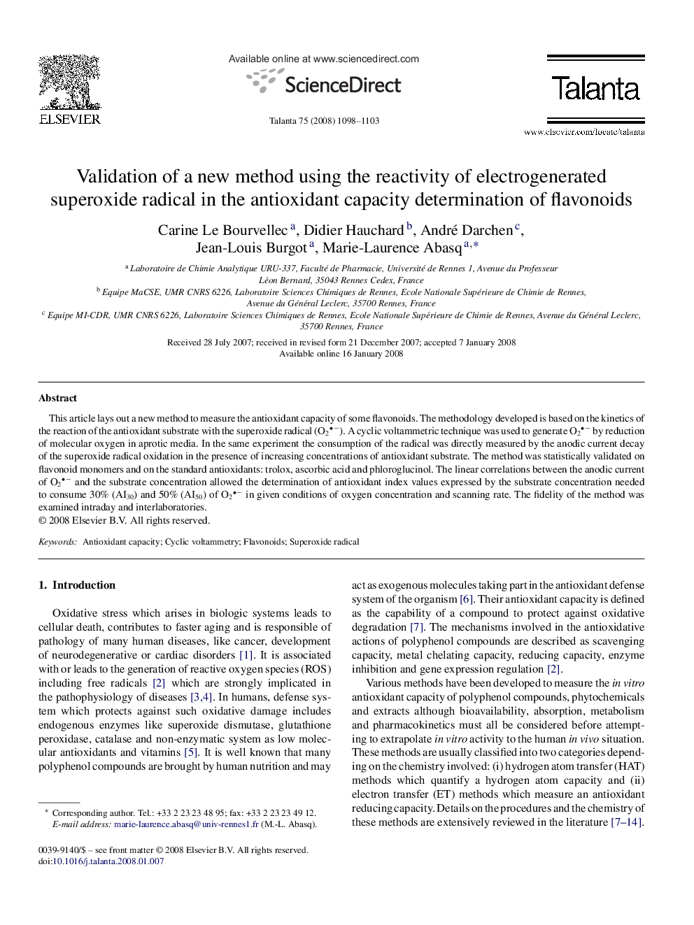 Validation of a new method using the reactivity of electrogenerated superoxide radical in the antioxidant capacity determination of flavonoids