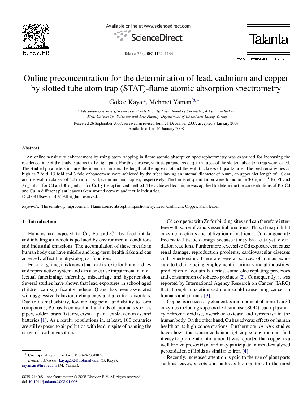 Online preconcentration for the determination of lead, cadmium and copper by slotted tube atom trap (STAT)-flame atomic absorption spectrometry