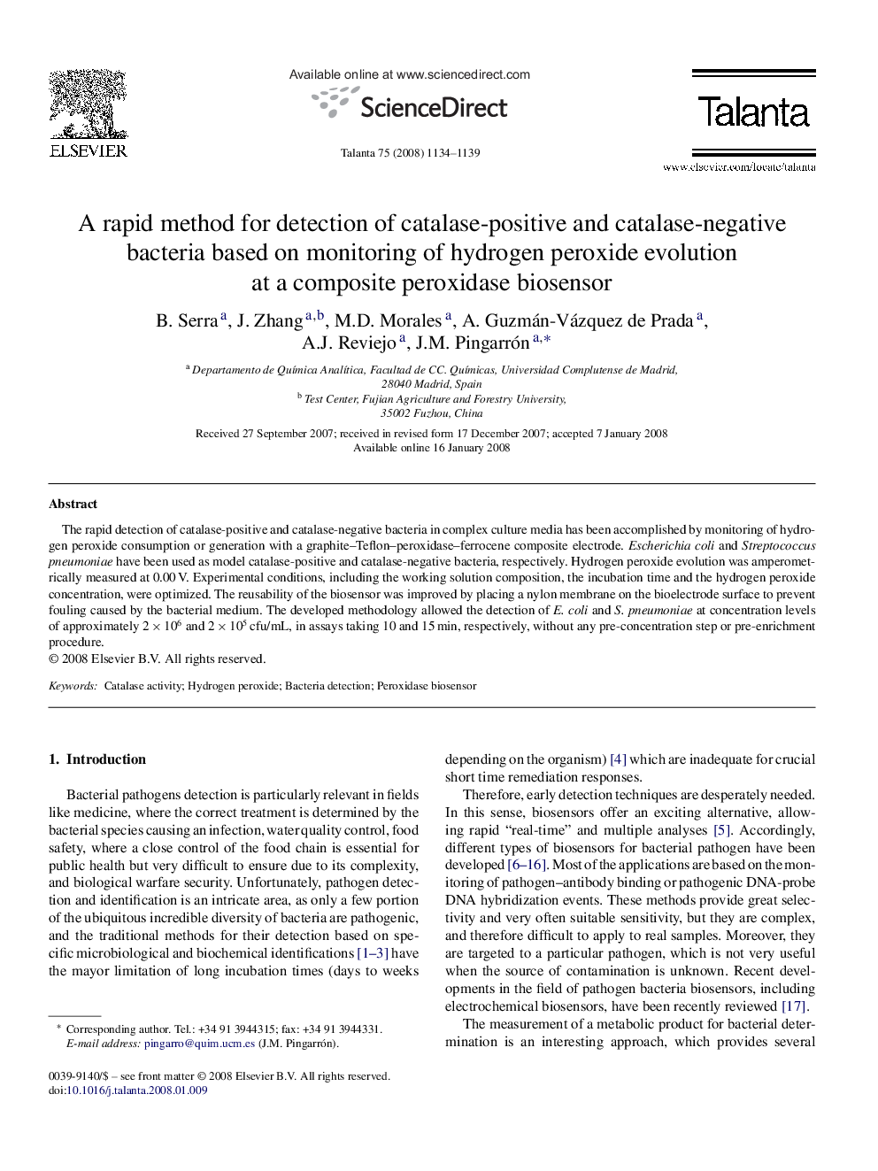 A rapid method for detection of catalase-positive and catalase-negative bacteria based on monitoring of hydrogen peroxide evolution at a composite peroxidase biosensor