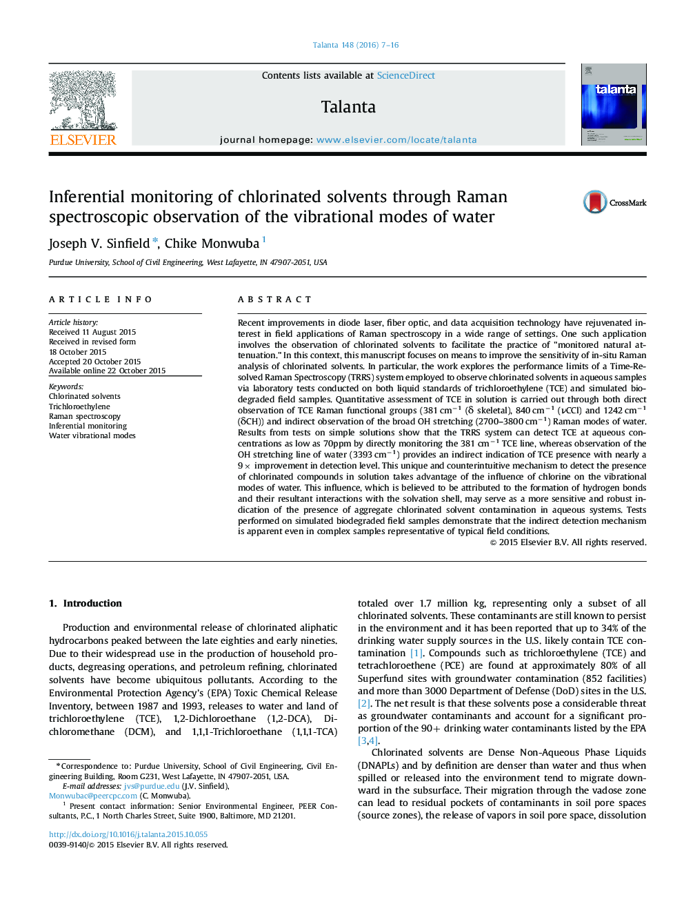 Inferential monitoring of chlorinated solvents through Raman spectroscopic observation of the vibrational modes of water