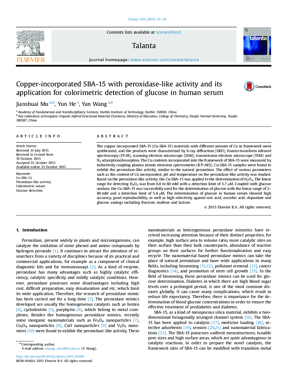 Copper-incorporated SBA-15 with peroxidase-like activity and its application for colorimetric detection of glucose in human serum