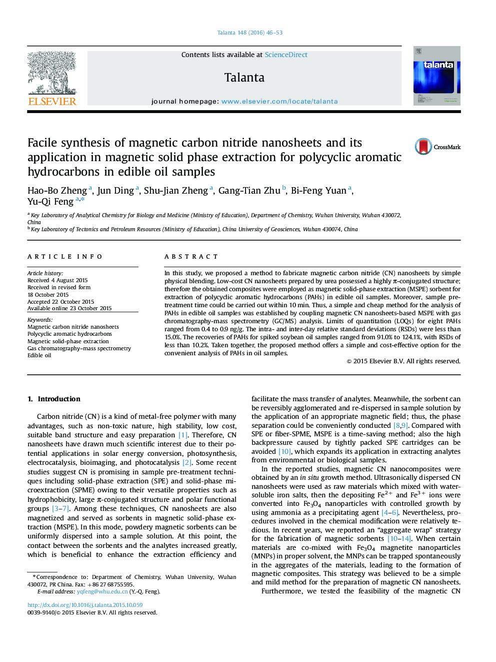 Facile synthesis of magnetic carbon nitride nanosheets and its application in magnetic solid phase extraction for polycyclic aromatic hydrocarbons in edible oil samples