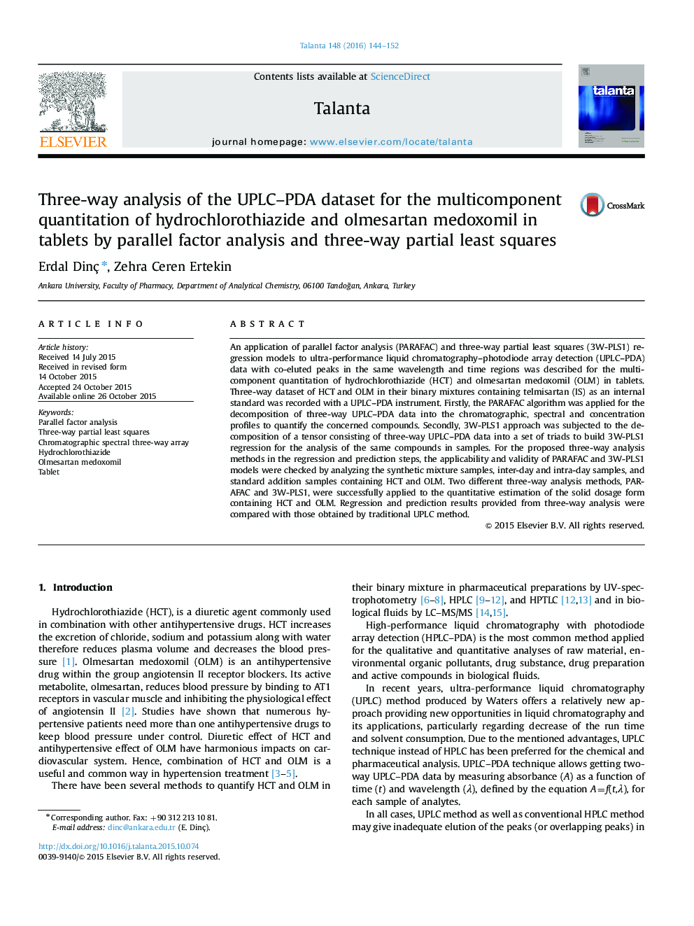 Three-way analysis of the UPLC–PDA dataset for the multicomponent quantitation of hydrochlorothiazide and olmesartan medoxomil in tablets by parallel factor analysis and three-way partial least squares