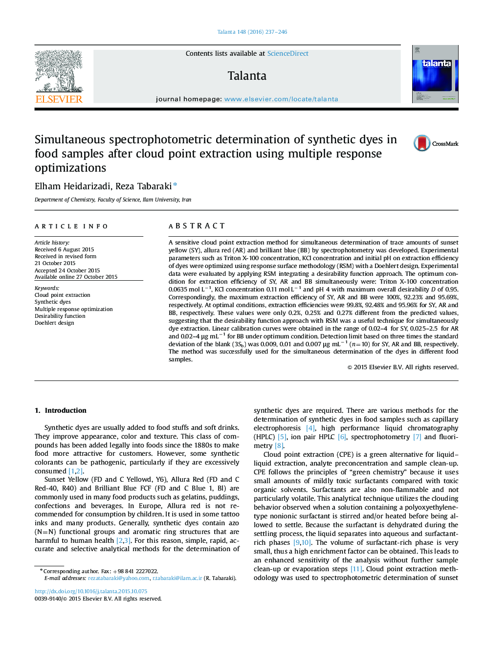 Simultaneous spectrophotometric determination of synthetic dyes in food samples after cloud point extraction using multiple response optimizations