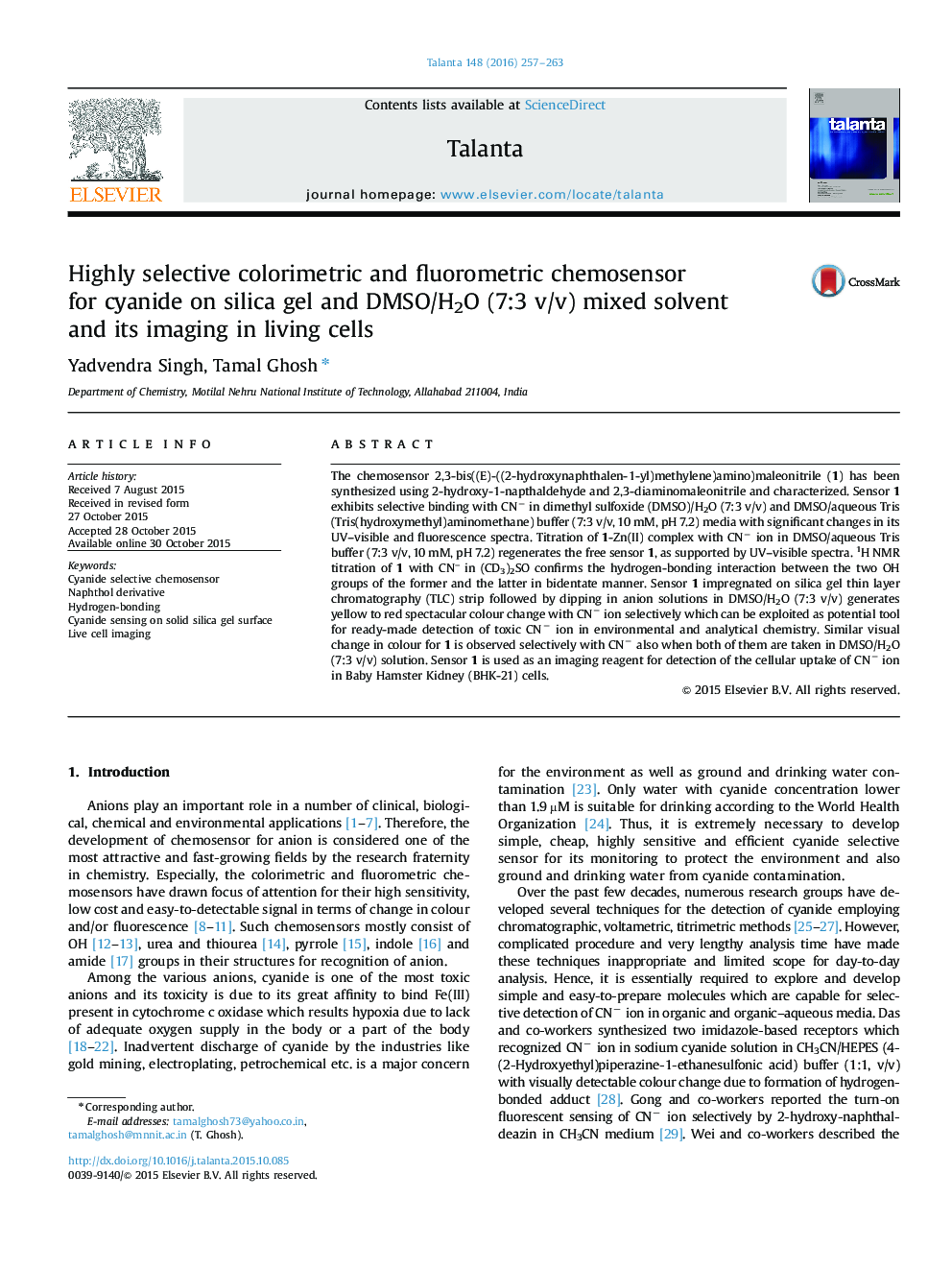 Highly selective colorimetric and fluorometric chemosensor for cyanide on silica gel and DMSO/H2O (7:3 v/v) mixed solvent and its imaging in living cells