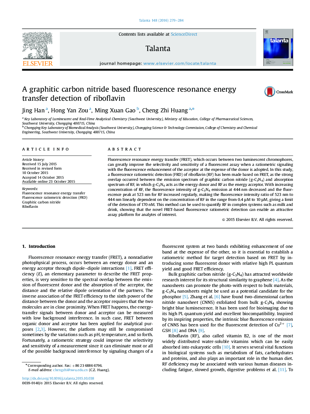 A graphitic carbon nitride based fluorescence resonance energy transfer detection of riboflavin