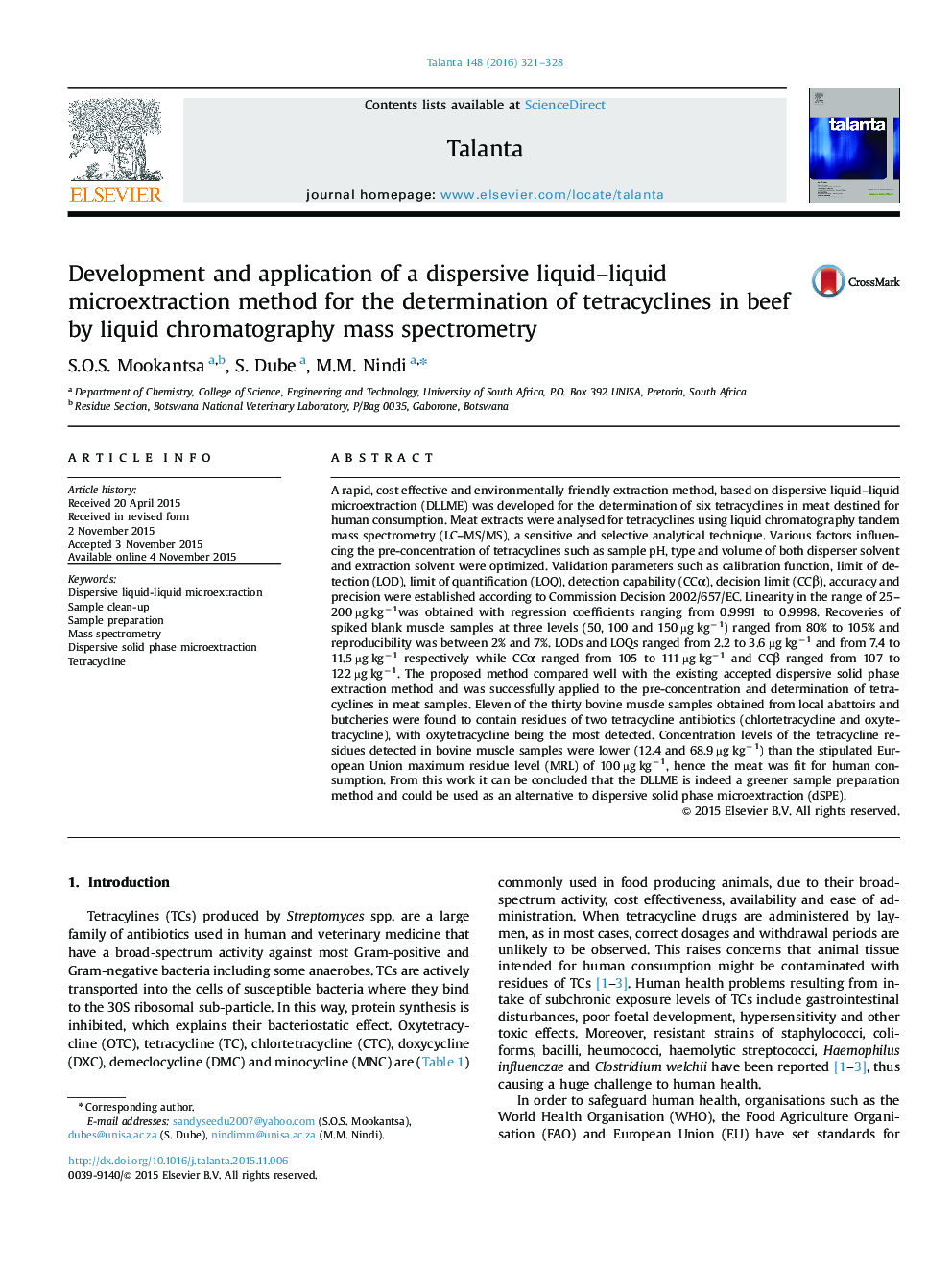Development and application of a dispersive liquid-liquid microextraction method for the determination of tetracyclines in beef by liquid chromatography mass spectrometry