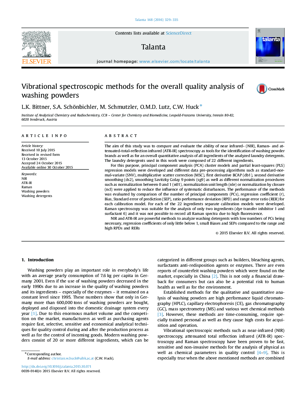 Vibrational spectroscopic methods for the overall quality analysis of washing powders