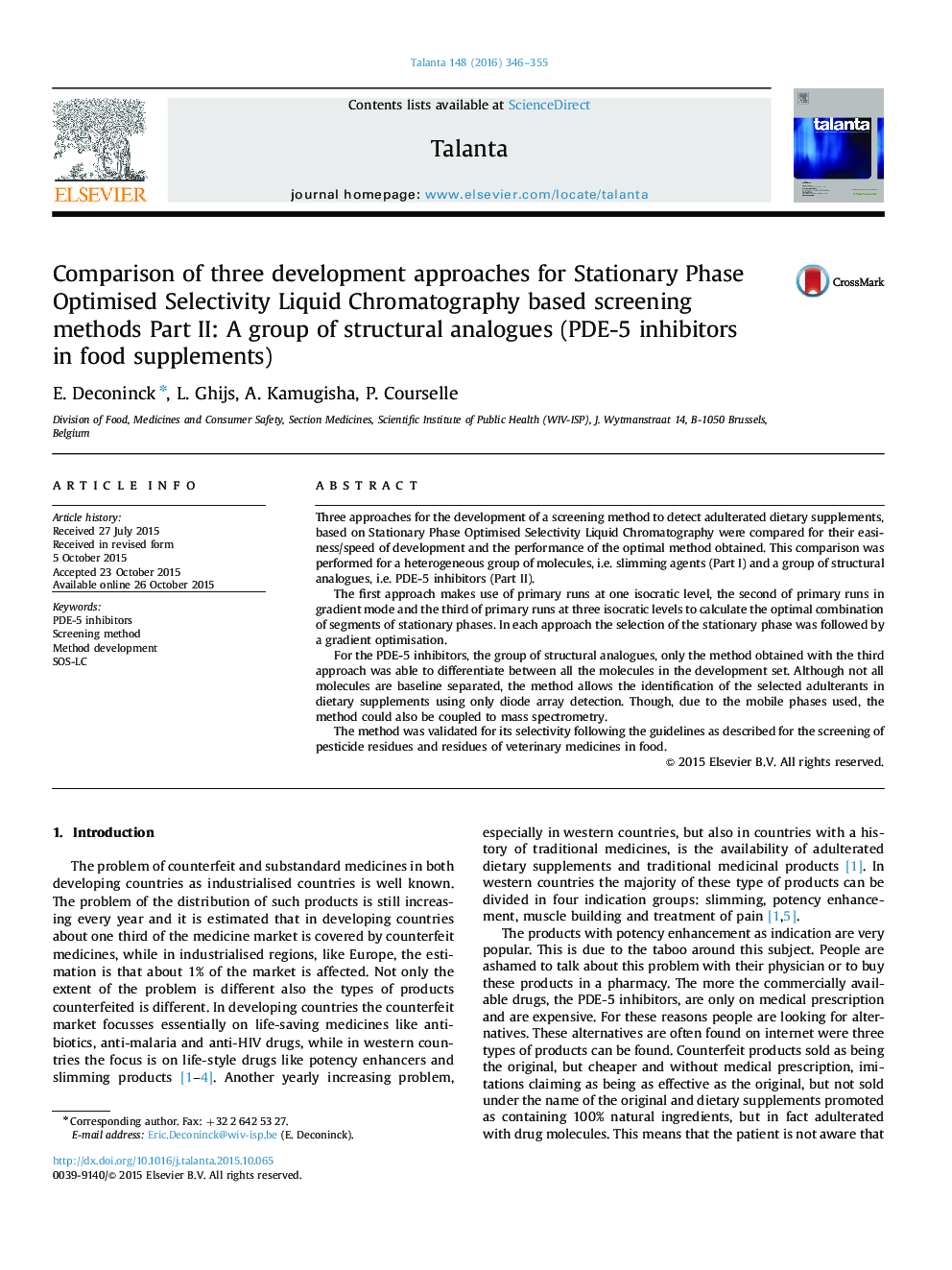 Comparison of three development approaches for Stationary Phase Optimised Selectivity Liquid Chromatography based screening methods Part II: A group of structural analogues (PDE-5 inhibitors in food supplements)