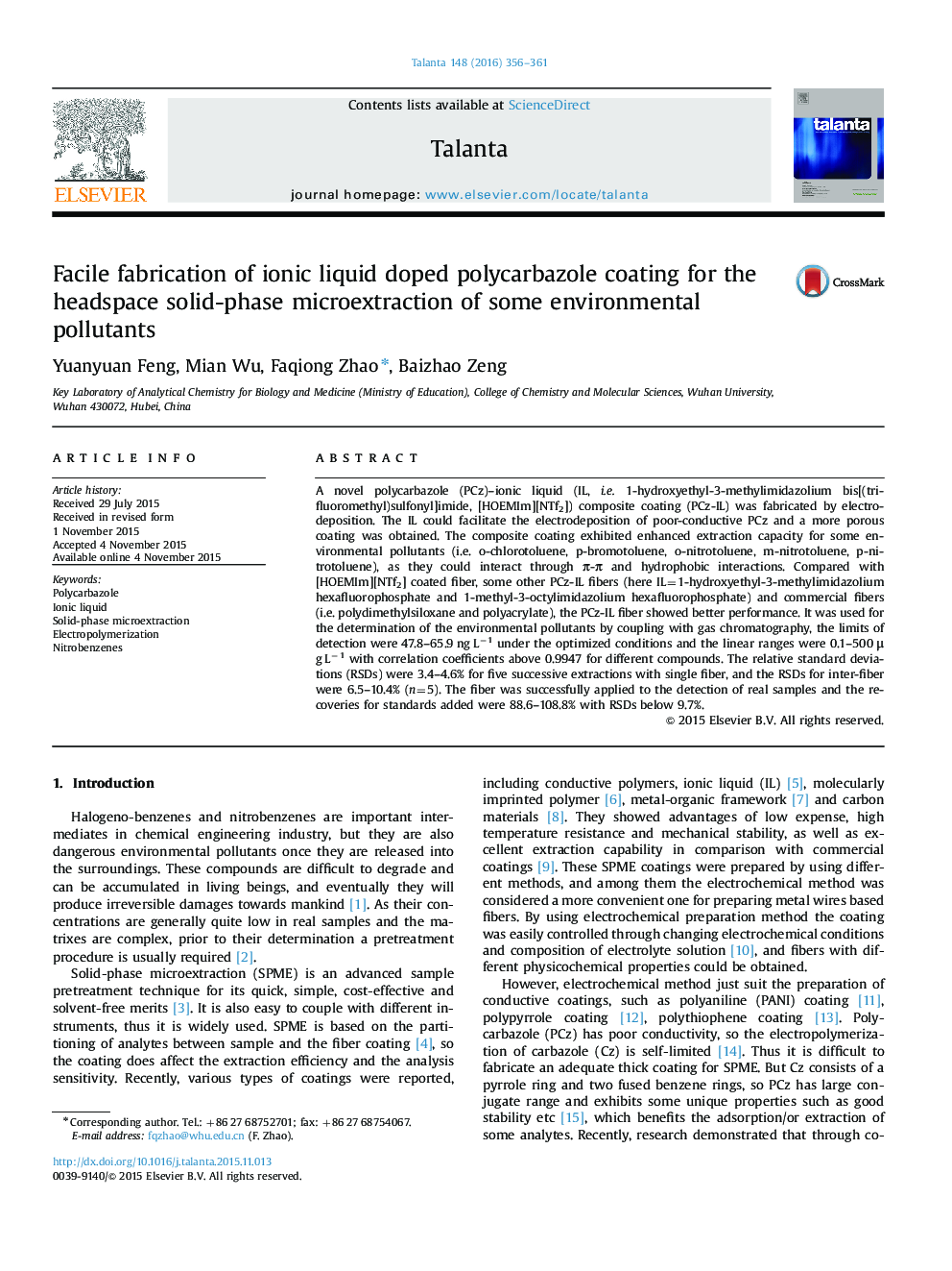 Facile fabrication of ionic liquid doped polycarbazole coating for the headspace solid-phase microextraction of some environmental pollutants