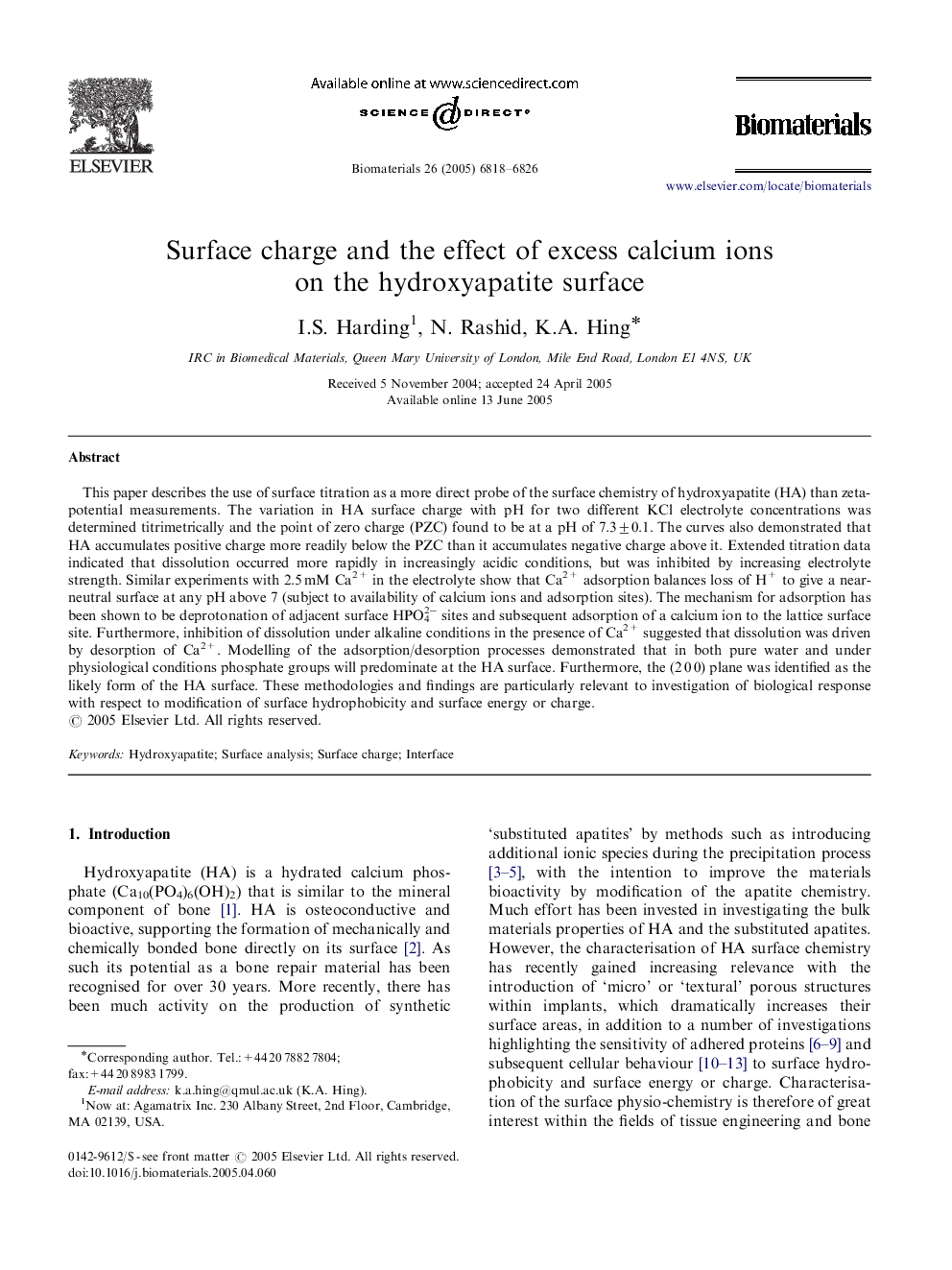 Surface charge and the effect of excess calcium ions on the hydroxyapatite surface