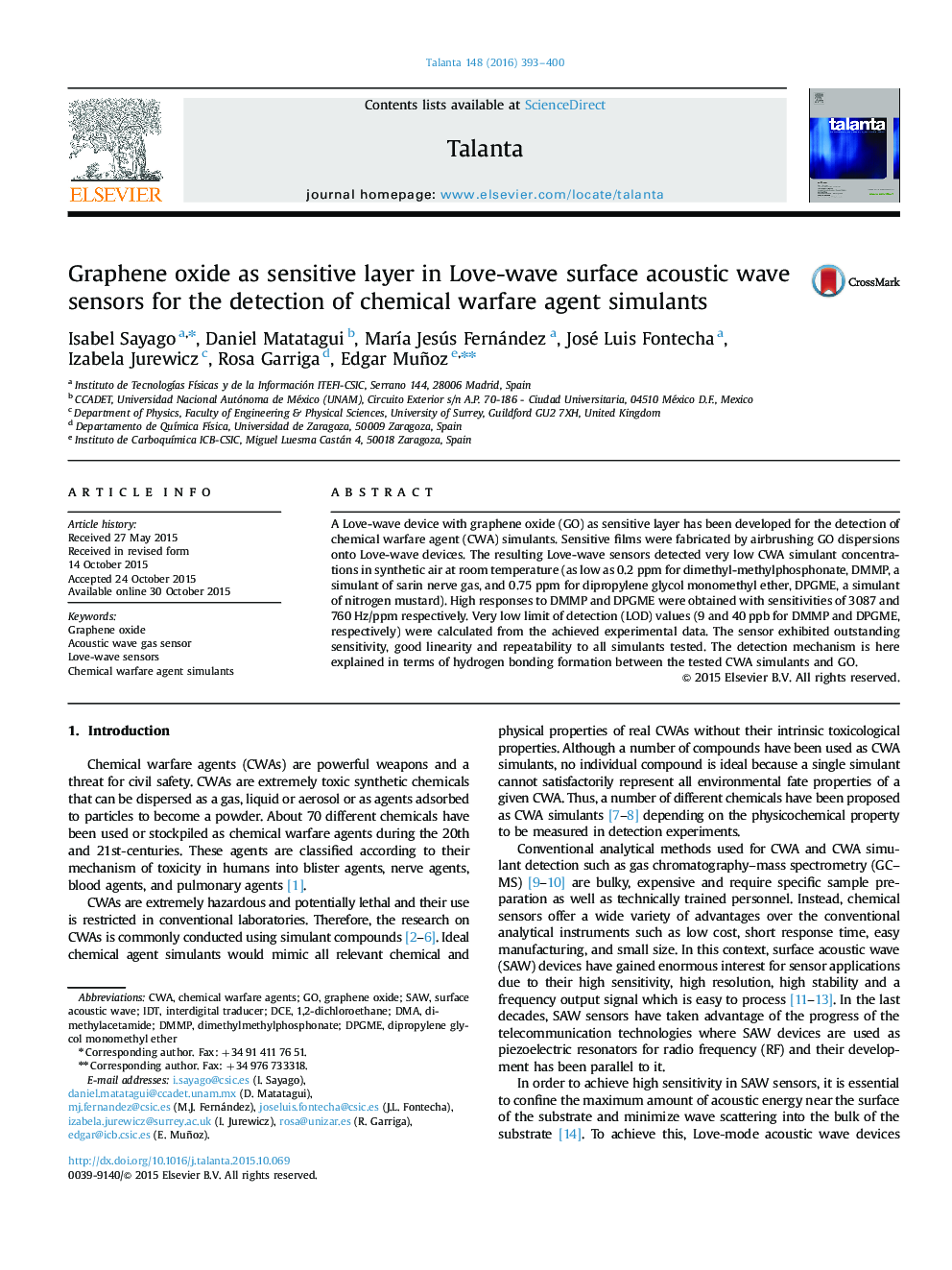 Graphene oxide as sensitive layer in Love-wave surface acoustic wave sensors for the detection of chemical warfare agent simulants