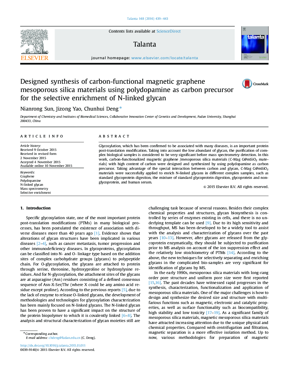 Designed synthesis of carbon-functional magnetic graphene mesoporous silica materials using polydopamine as carbon precursor for the selective enrichment of N-linked glycan