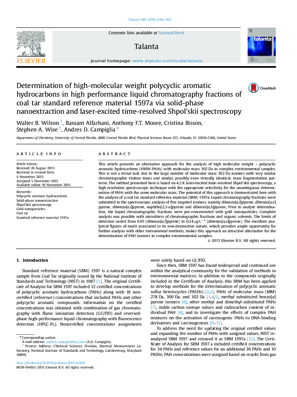 Determination of high-molecular weight polycyclic aromatic hydrocarbons in high performance liquid chromatography fractions of coal tar standard reference material 1597a via solid-phase nanoextraction and laser-excited time-resolved Shpol'skii spectroscop