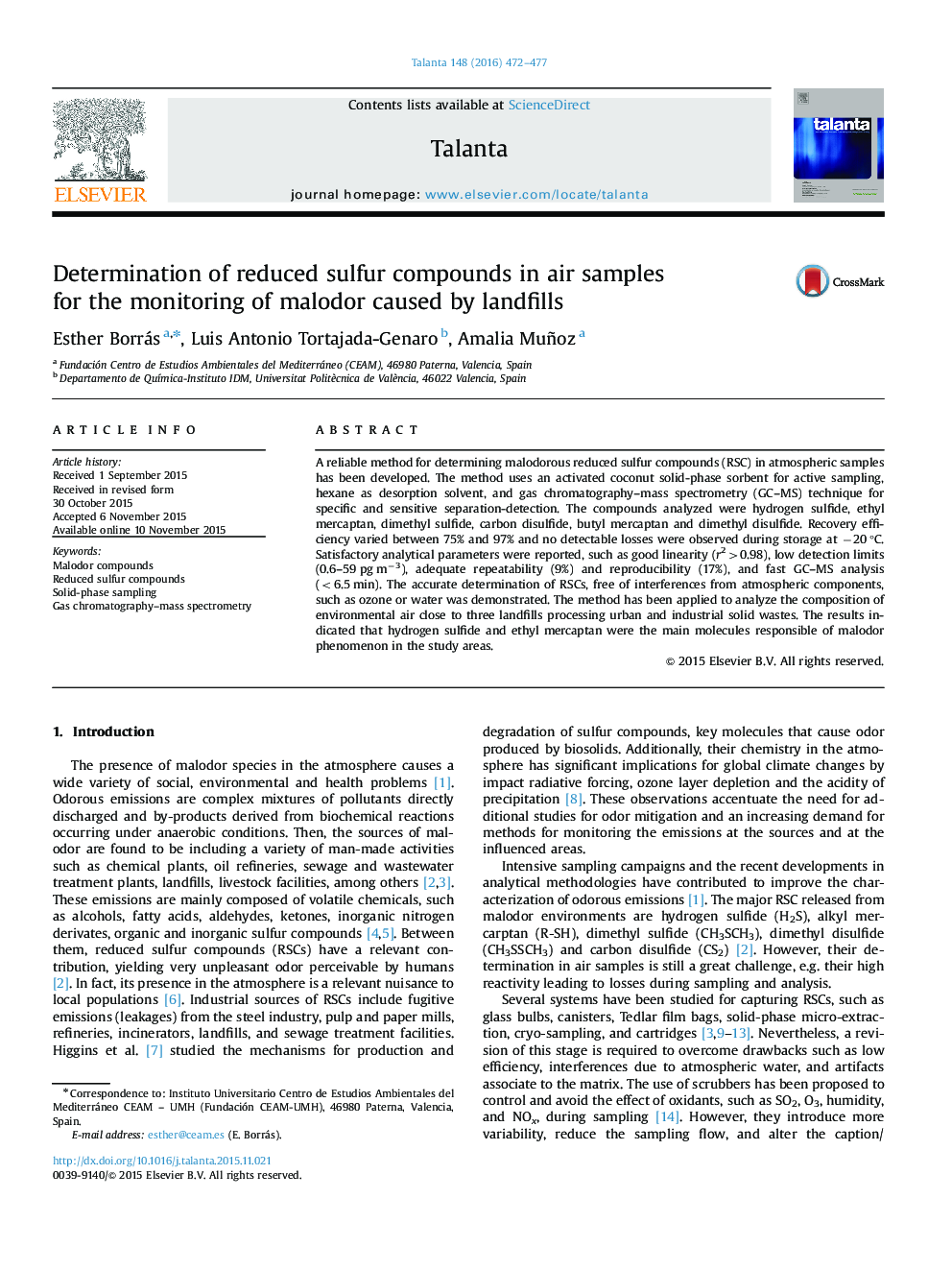 Determination of reduced sulfur compounds in air samples for the monitoring of malodor caused by landfills