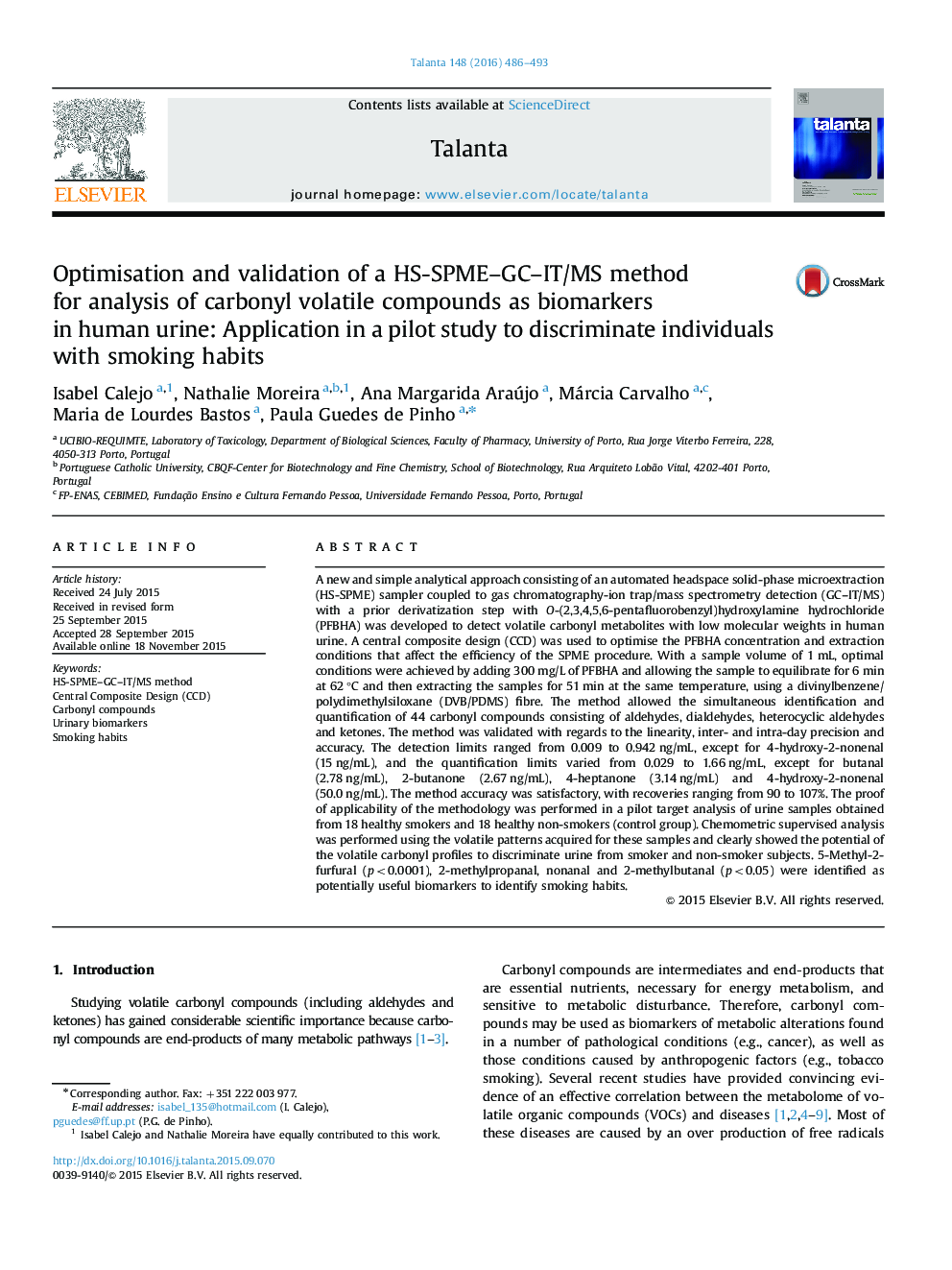 Optimisation and validation of a HS-SPME-GC-IT/MS method for analysis of carbonyl volatile compounds as biomarkers in human urine: Application in a pilot study to discriminate individuals with smoking habits