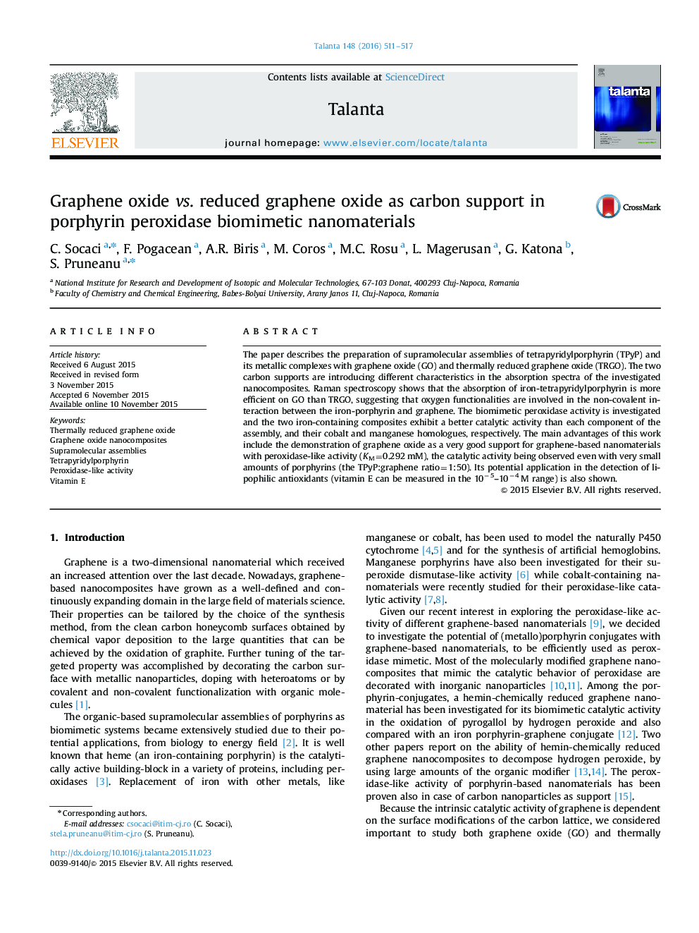 Graphene oxide vs. reduced graphene oxide as carbon support in porphyrin peroxidase biomimetic nanomaterials