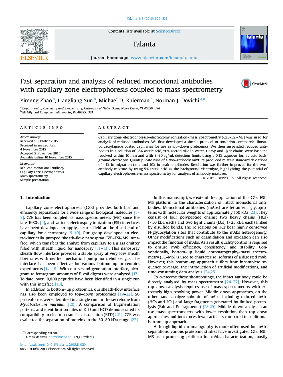 Fast separation and analysis of reduced monoclonal antibodies with capillary zone electrophoresis coupled to mass spectrometry