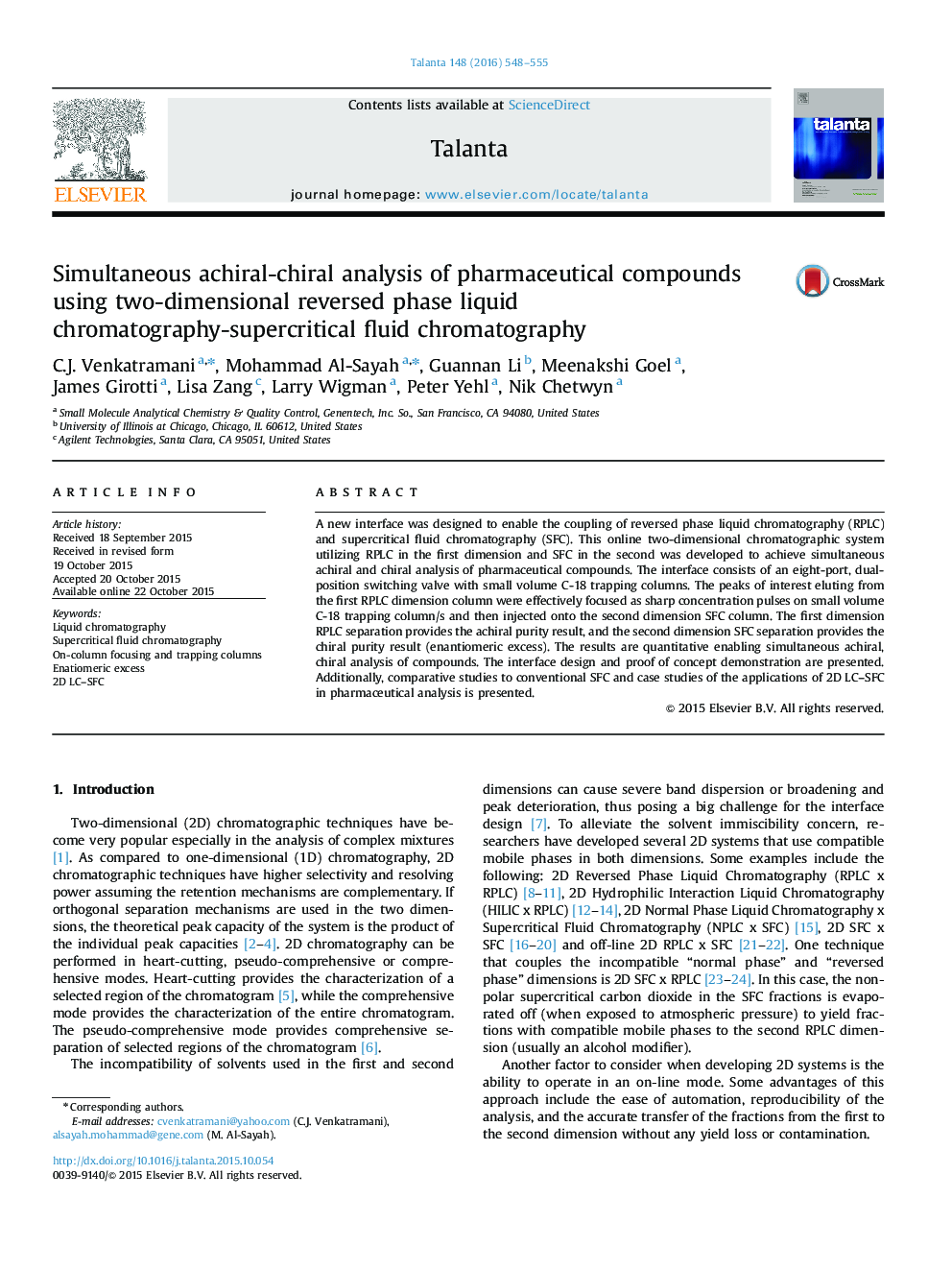 Simultaneous achiral-chiral analysis of pharmaceutical compounds using two-dimensional reversed phase liquid chromatography-supercritical fluid chromatography