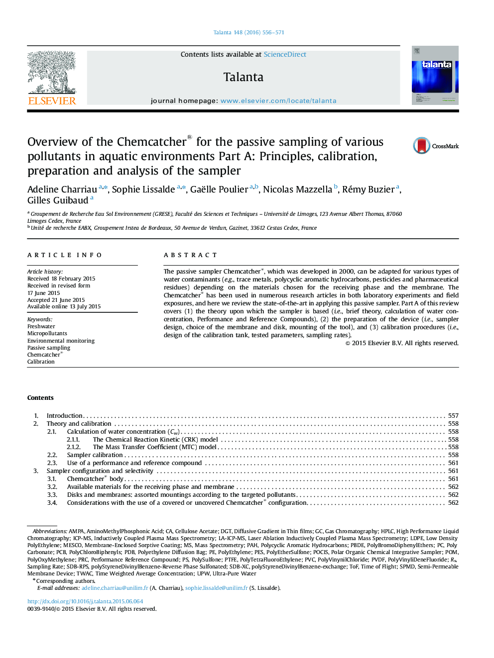 Overview of the Chemcatcher® for the passive sampling of various pollutants in aquatic environments Part A: Principles, calibration, preparation and analysis of the sampler