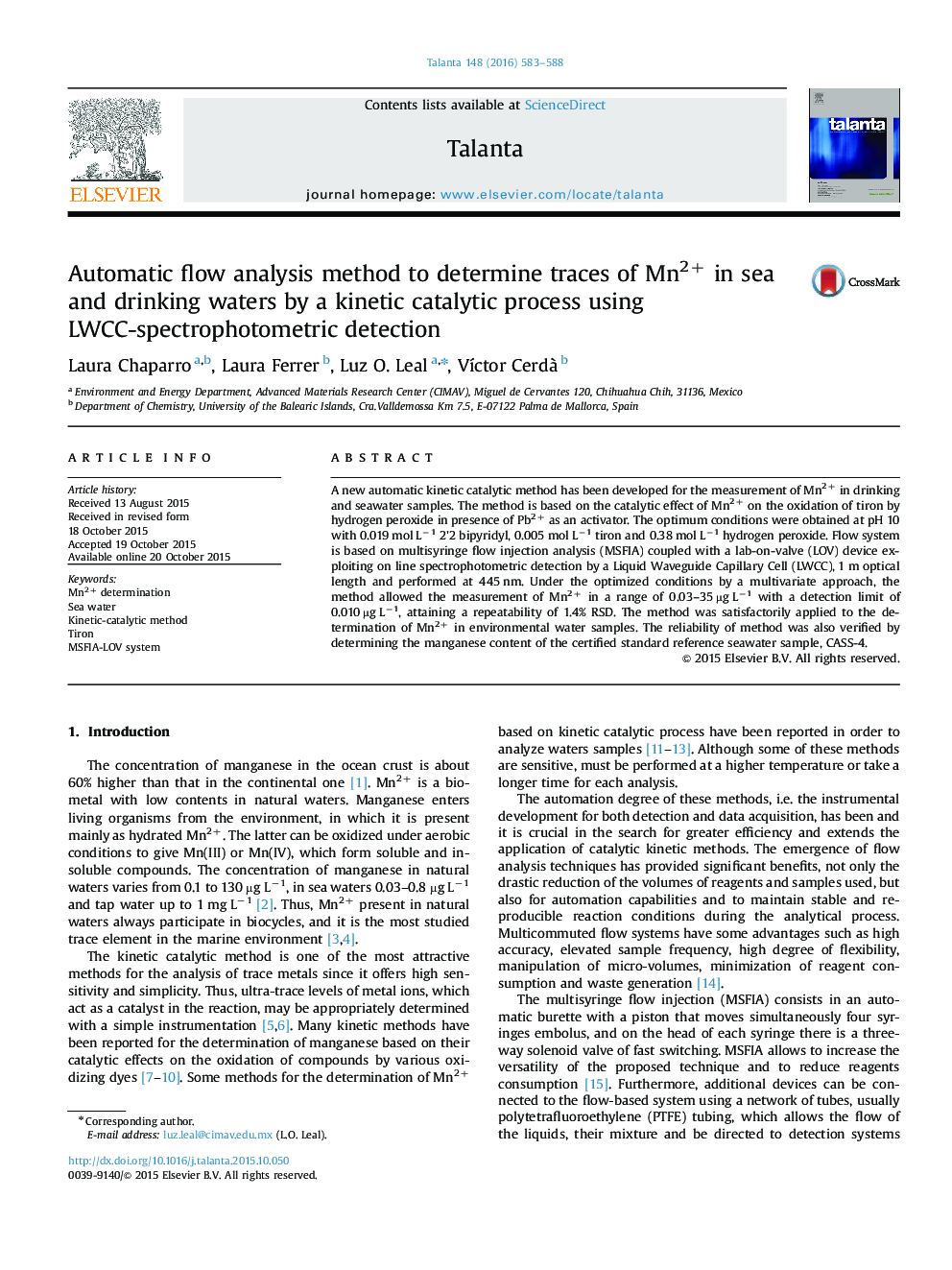 Automatic flow analysis method to determine traces of Mn2+ in sea and drinking waters by a kinetic catalytic process using LWCC-spectrophotometric detection