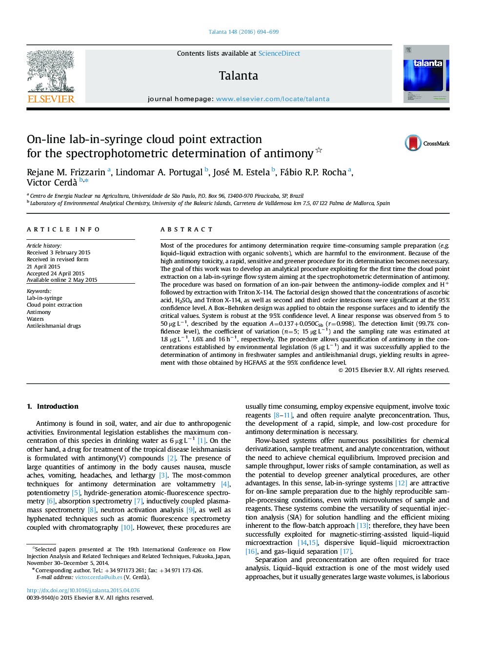 On-line lab-in-syringe cloud point extraction for the spectrophotometric determination of antimony 