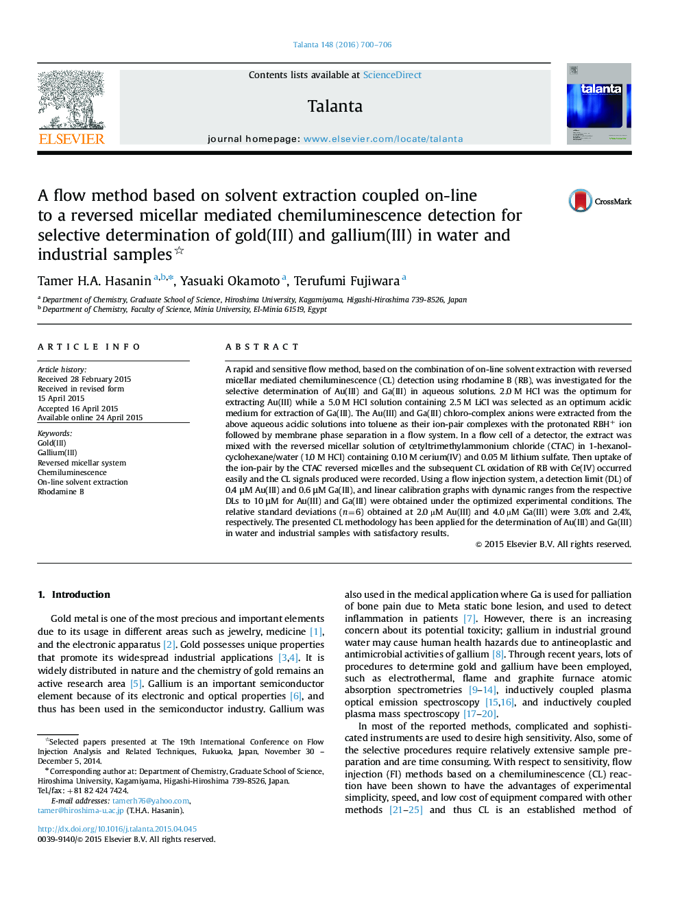 A flow method based on solvent extraction coupled on-line to a reversed micellar mediated chemiluminescence detection for selective determination of gold(III) and gallium(III) in water and industrial samples 