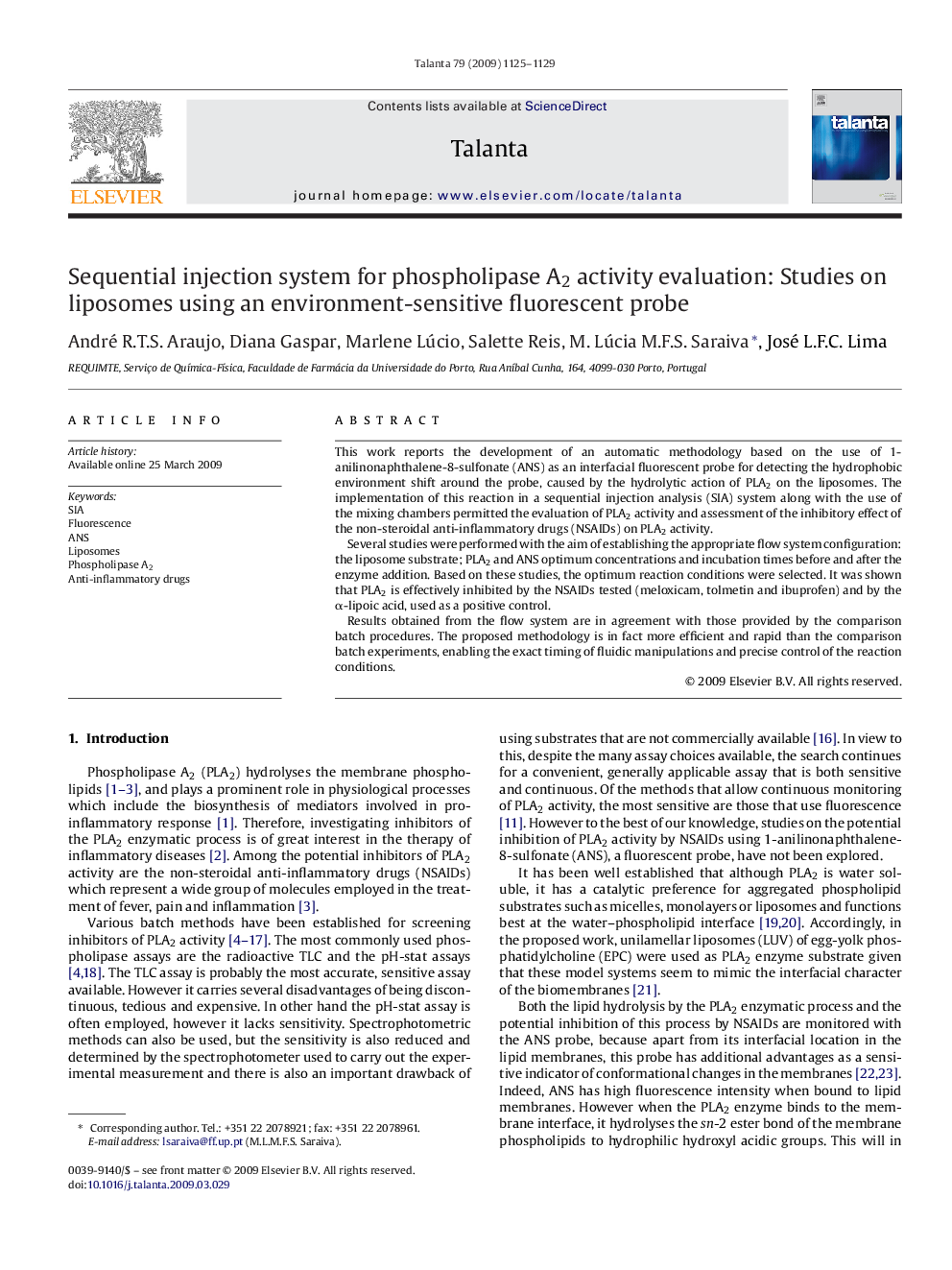 Sequential injection system for phospholipase A2 activity evaluation: Studies on liposomes using an environment-sensitive fluorescent probe