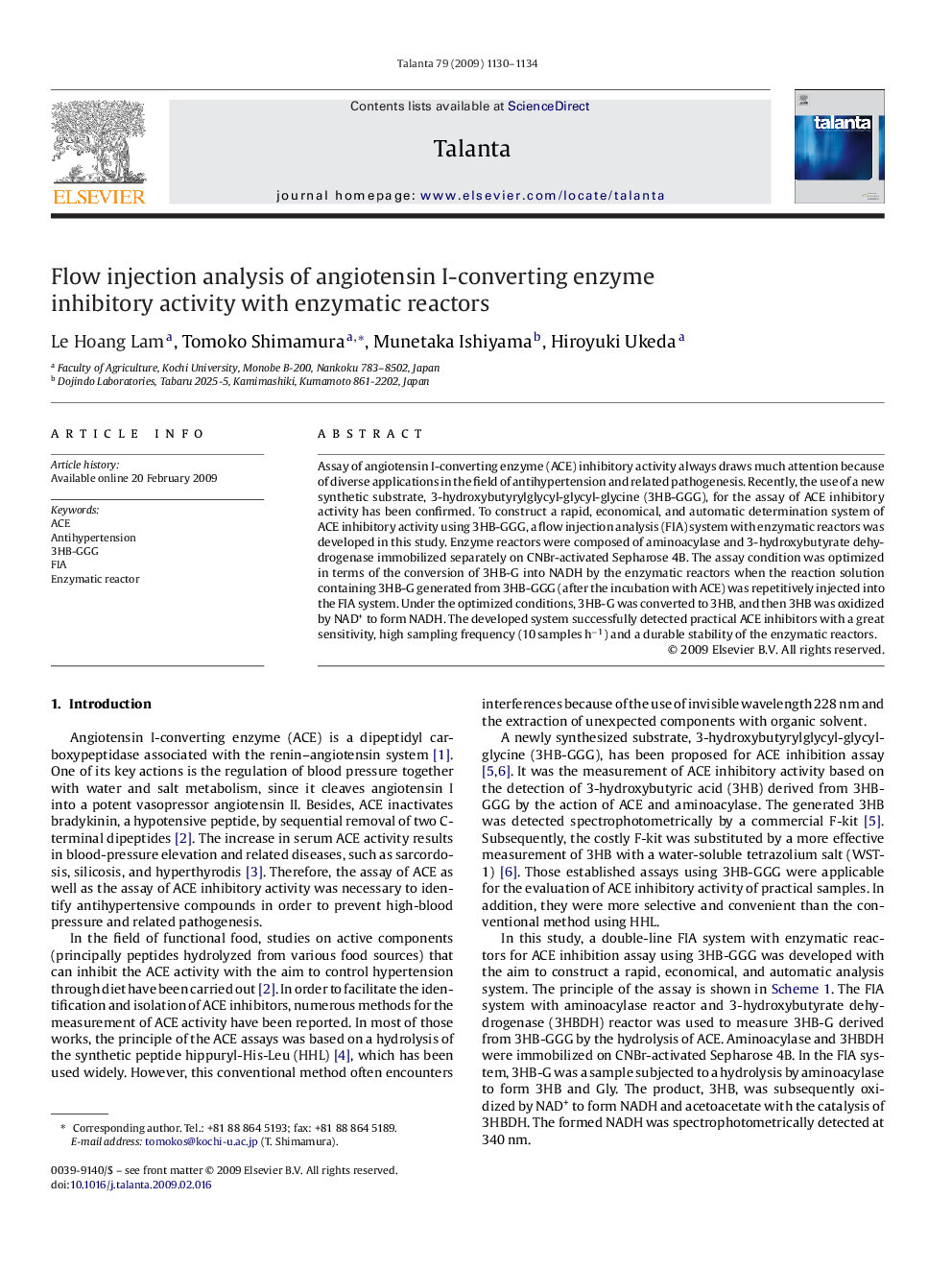 Flow injection analysis of angiotensin I-converting enzyme inhibitory activity with enzymatic reactors