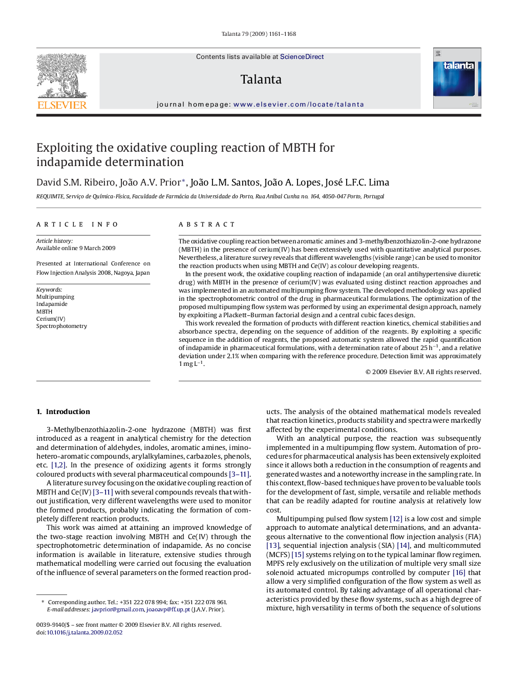 Exploiting the oxidative coupling reaction of MBTH for indapamide determination