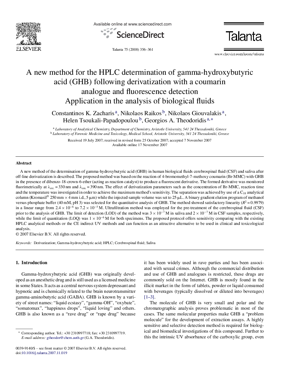 A new method for the HPLC determination of gamma-hydroxybutyric acid (GHB) following derivatization with a coumarin analogue and fluorescence detection: Application in the analysis of biological fluids