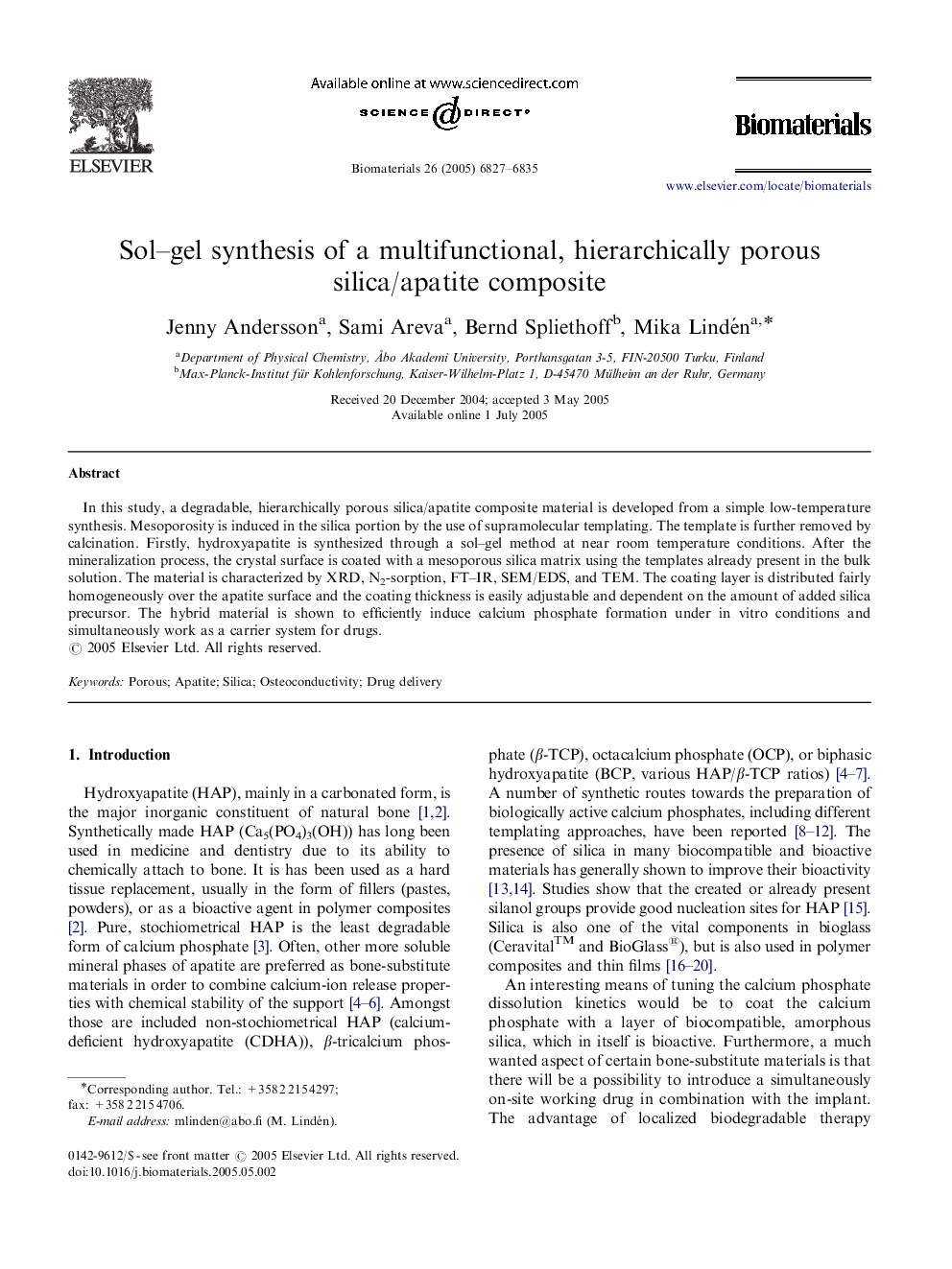 Sol–gel synthesis of a multifunctional, hierarchically porous silica/apatite composite