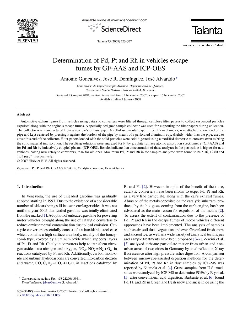 Determination of Pd, Pt and Rh in vehicles escape fumes by GF-AAS and ICP-OES