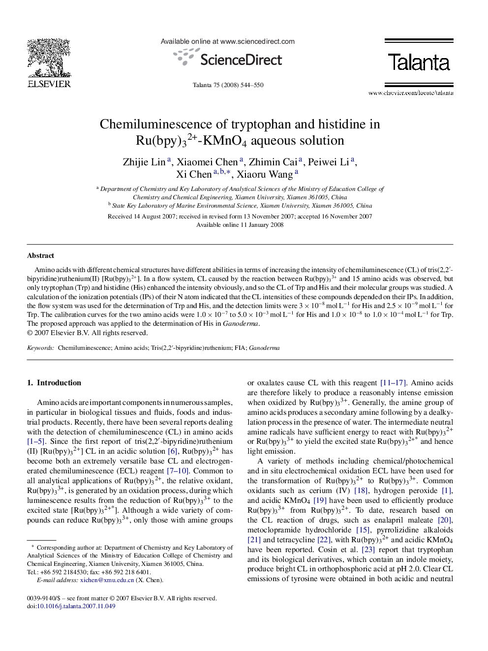 Chemiluminescence of tryptophan and histidine in Ru(bpy)32+-KMnO4 aqueous solution