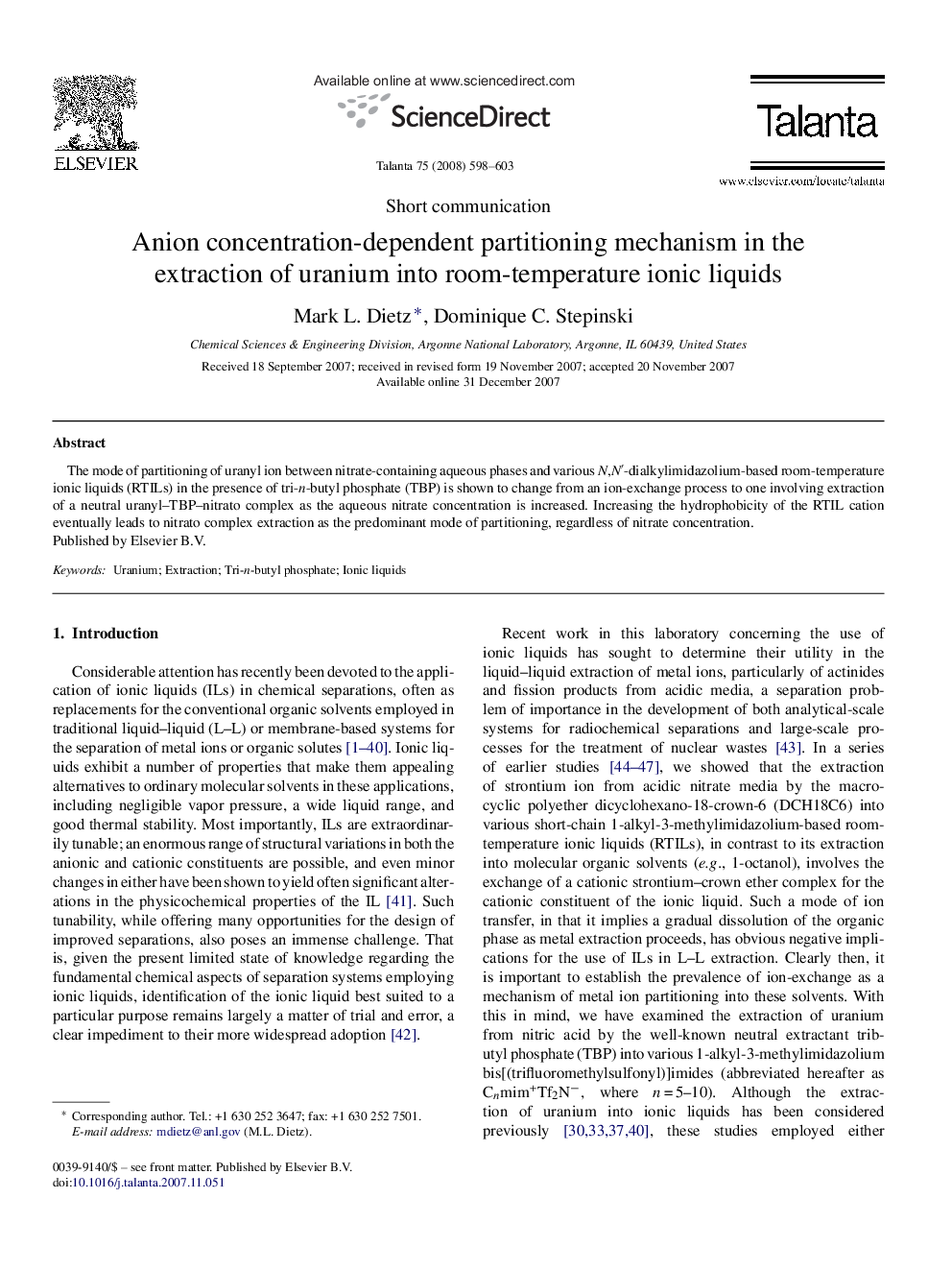 Anion concentration-dependent partitioning mechanism in the extraction of uranium into room-temperature ionic liquids