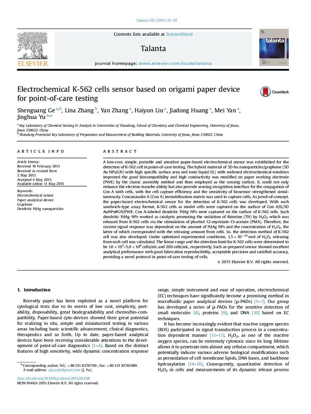 Electrochemical K-562 cells sensor based on origami paper device for point-of-care testing