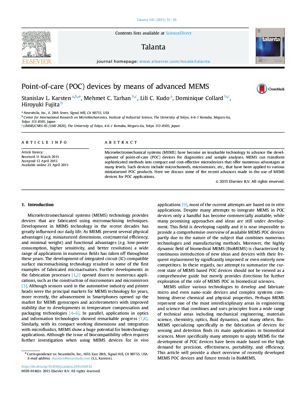 Point-of-care (POC) devices by means of advanced MEMS