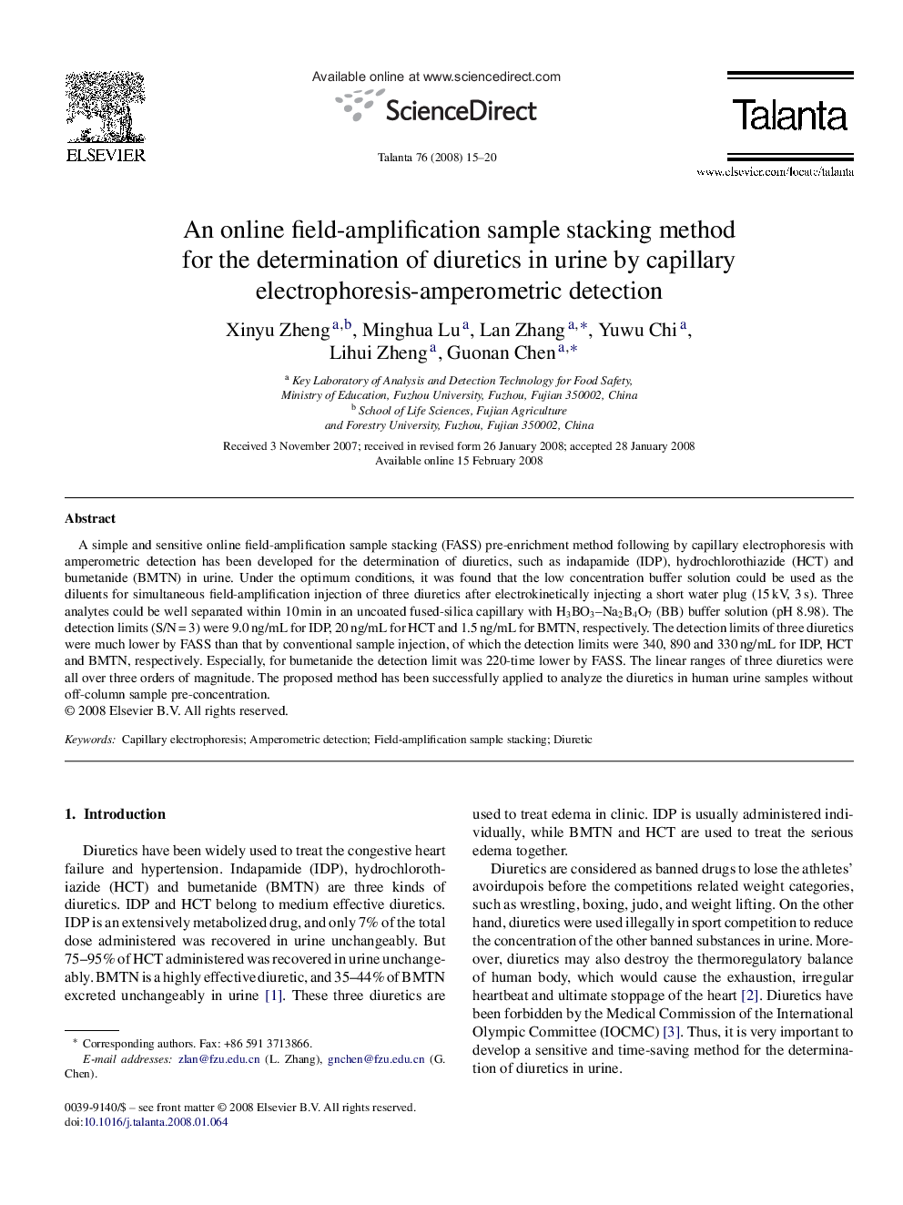 An online field-amplification sample stacking method for the determination of diuretics in urine by capillary electrophoresis-amperometric detection