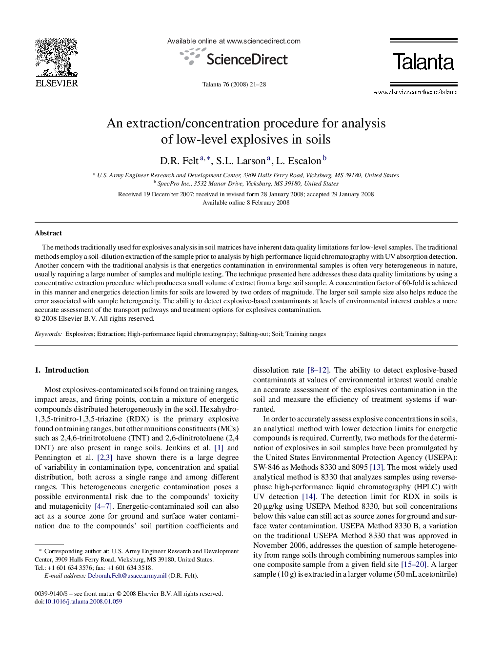 An extraction/concentration procedure for analysis of low-level explosives in soils