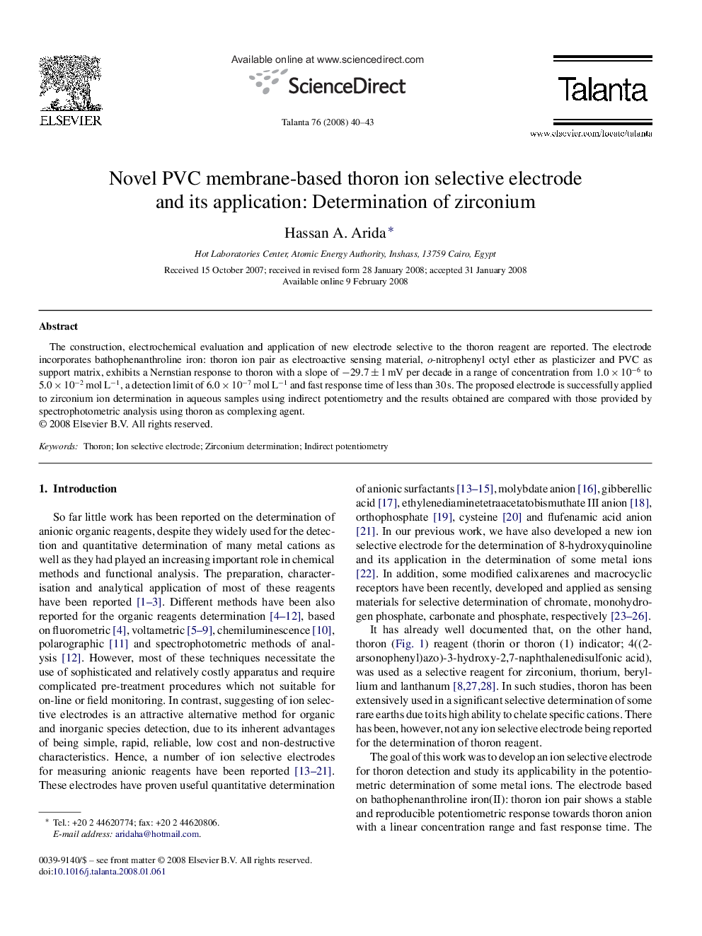 Novel PVC membrane-based thoron ion selective electrode and its application: Determination of zirconium