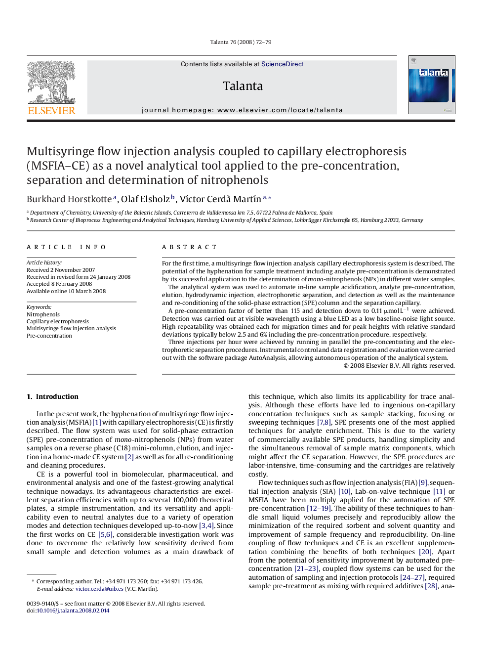 Multisyringe flow injection analysis coupled to capillary electrophoresis (MSFIA–CE) as a novel analytical tool applied to the pre-concentration, separation and determination of nitrophenols