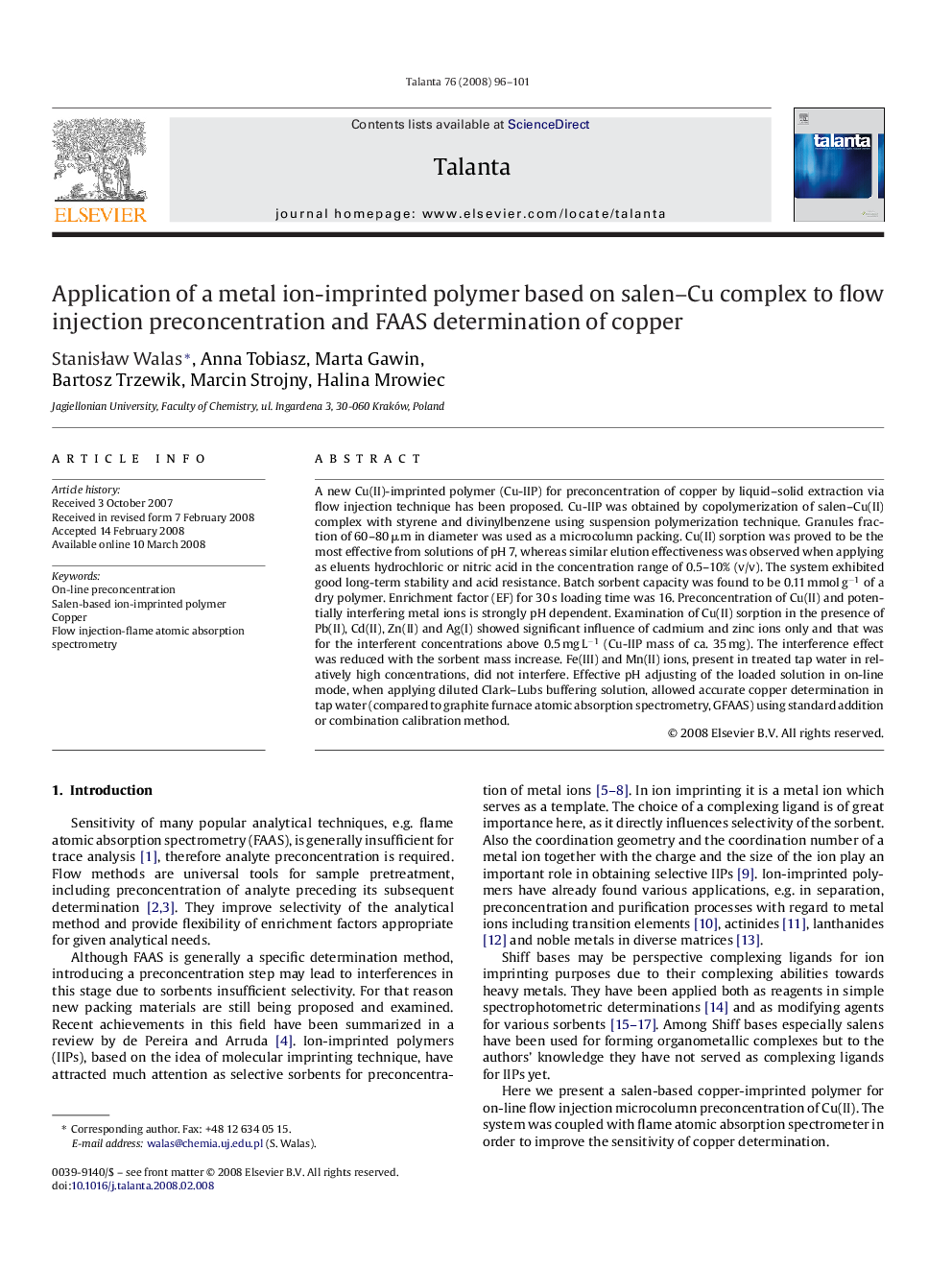 Application of a metal ion-imprinted polymer based on salen–Cu complex to flow injection preconcentration and FAAS determination of copper