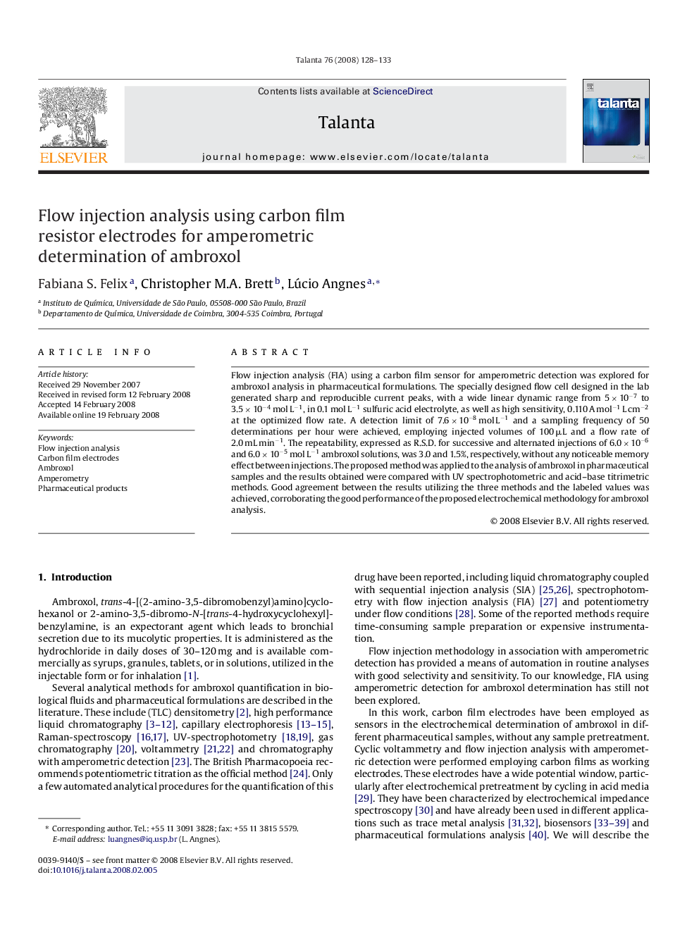 Flow injection analysis using carbon film resistor electrodes for amperometric determination of ambroxol