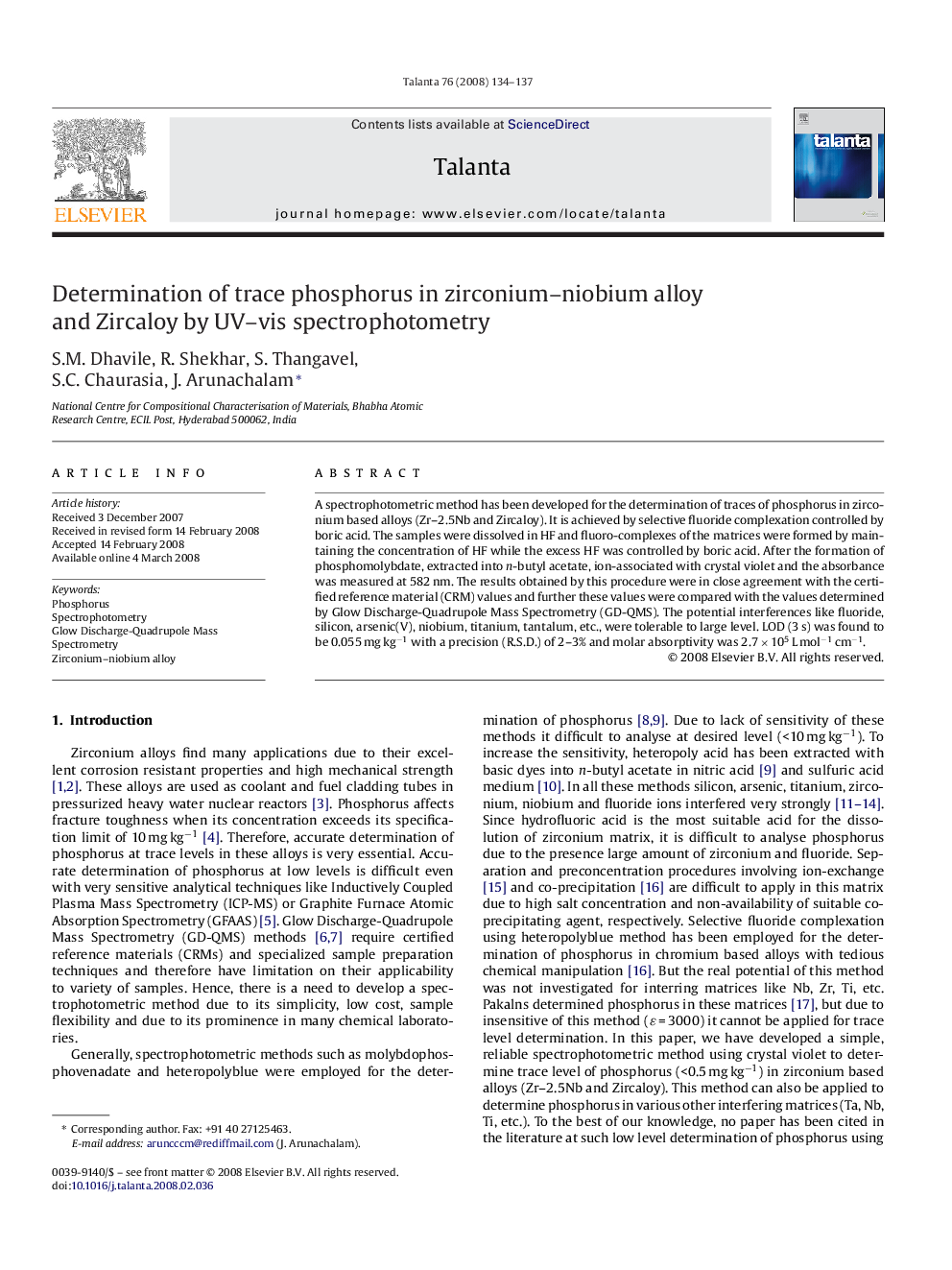 Determination of trace phosphorus in zirconium–niobium alloy and Zircaloy by UV–vis spectrophotometry