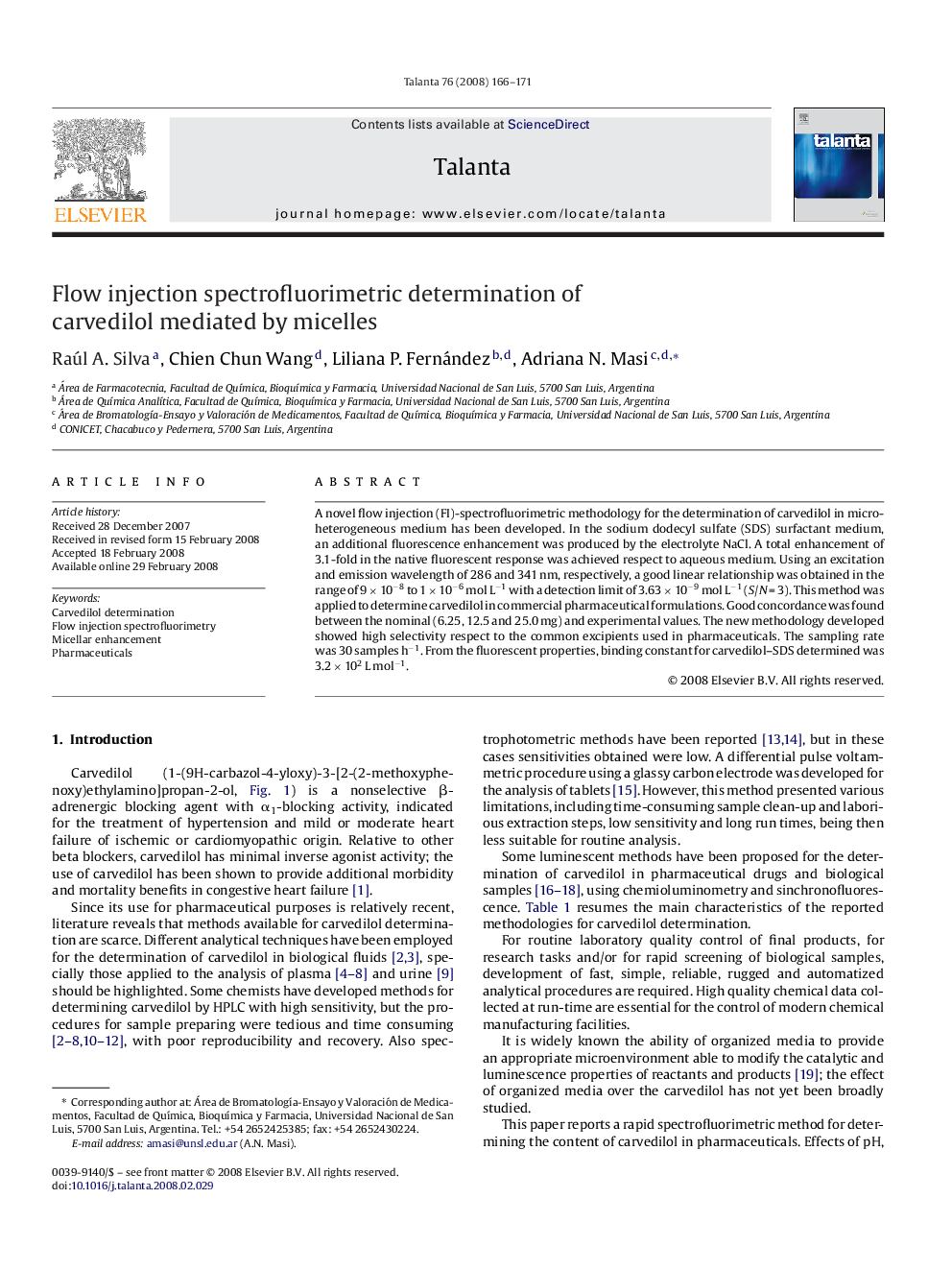 Flow injection spectrofluorimetric determination of carvedilol mediated by micelles