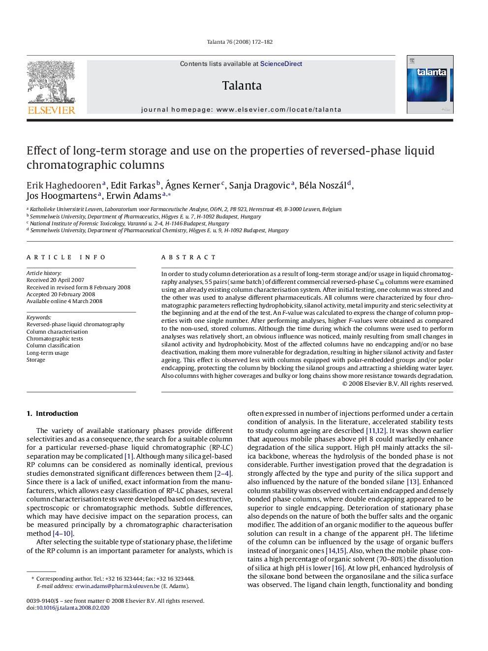 Effect of long-term storage and use on the properties of reversed-phase liquid chromatographic columns