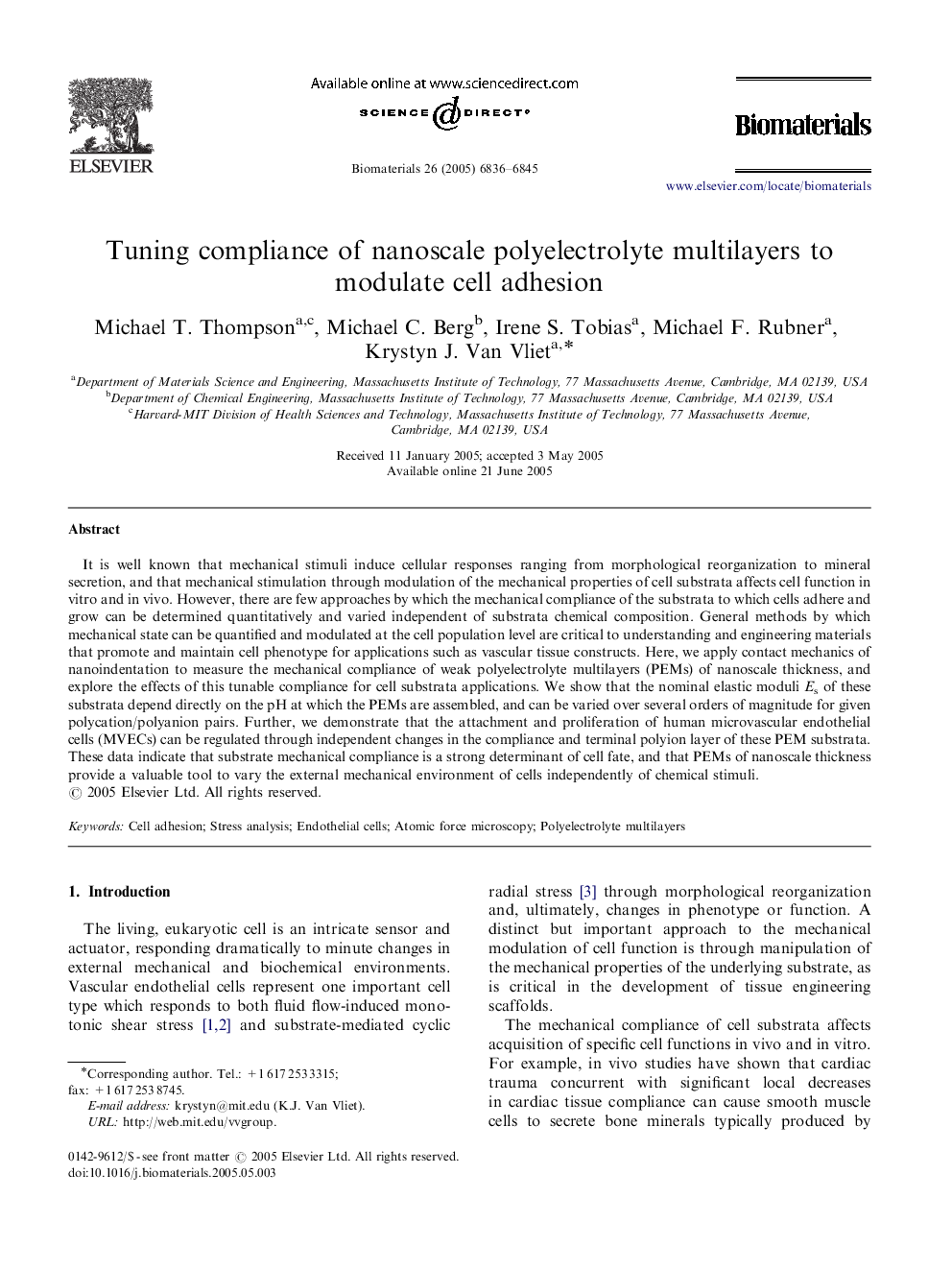 Tuning compliance of nanoscale polyelectrolyte multilayers to modulate cell adhesion