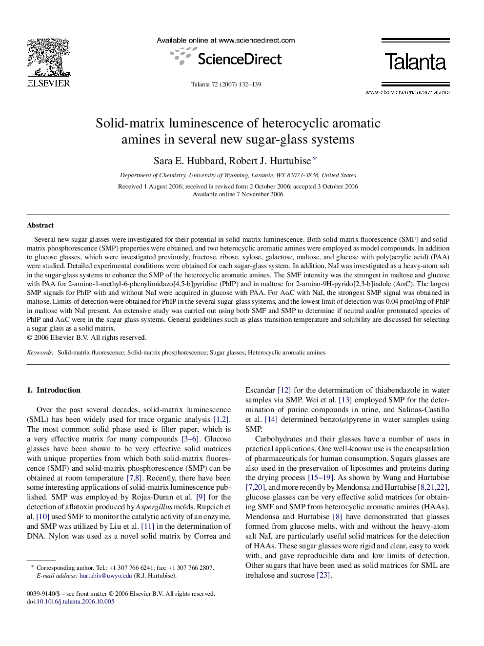 عکس صفحه اول مقاله: Solid-matrix luminescence of heterocyclic aromatic amines in several new sugar-glass systems Solid-matrix luminescence of heterocyclic aromatic amines in several new sugar-glass systems