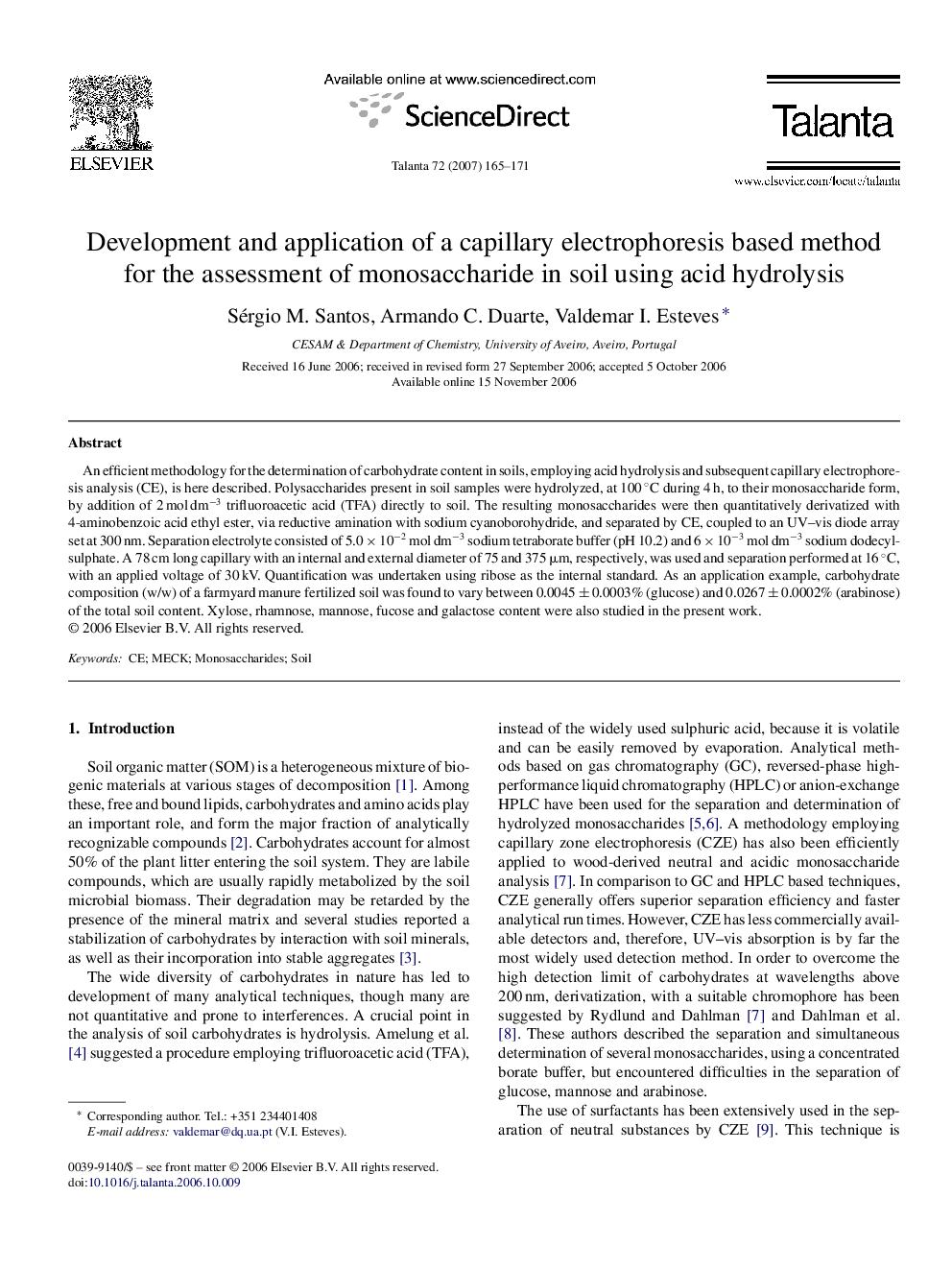 Development and application of a capillary electrophoresis based method for the assessment of monosaccharide in soil using acid hydrolysis